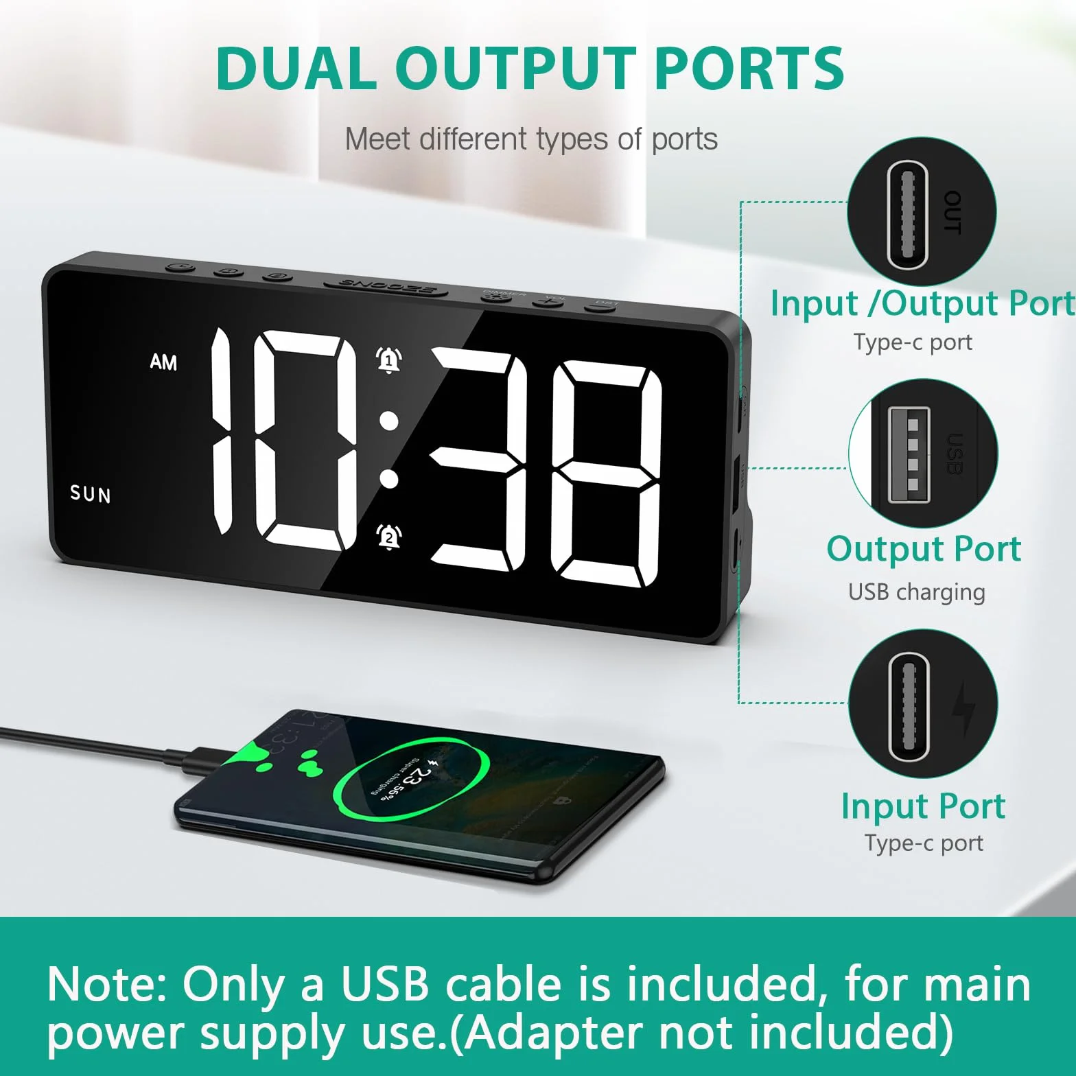 ORIA Cyfrowy budzik i nocne budziki LED, 5-poziomowy zegar z jasnością, 2 porty USB, drzemka, data, 12/24 h, podwójne alarmy (kabel 1,5 m w zestawie)