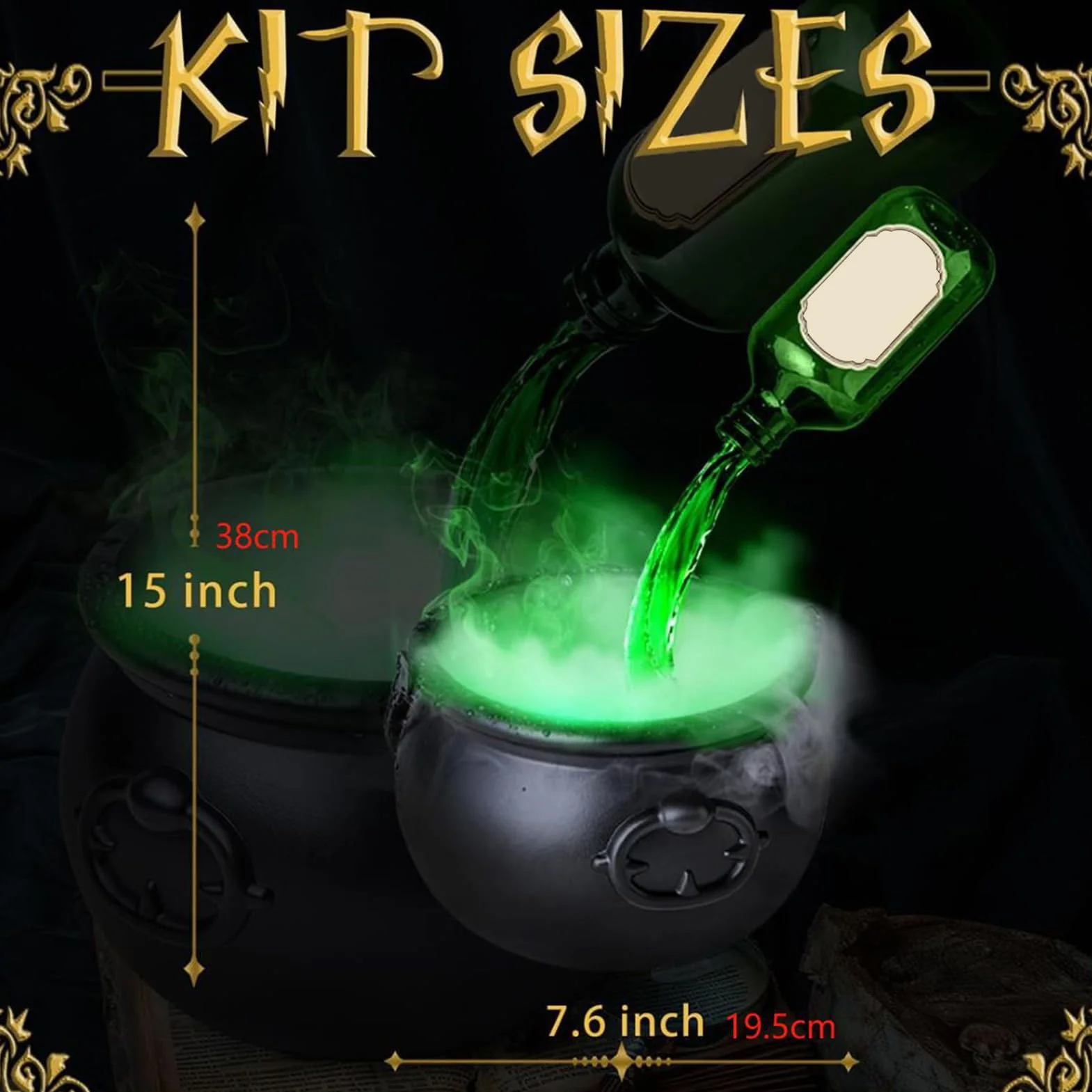 Cauldron Diffuser, Halloween Witch Pot Jar, Bubbling Black Cauldron with Floating Potion Bottles, Spooky Outdoor Decor for Entryway, Yard, Backyard, Holiday, 10.24 Inches