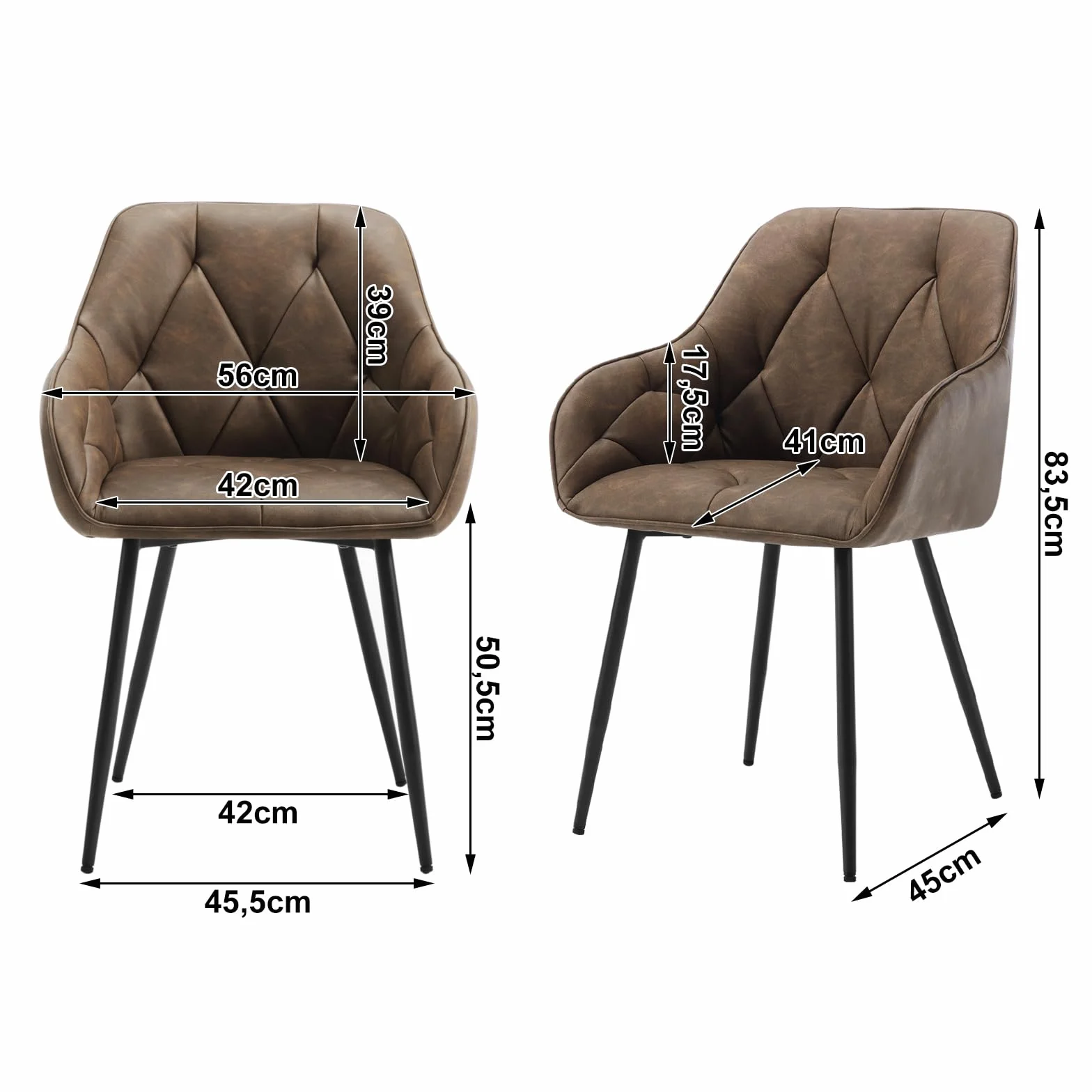 WOLTU 2 x krzesło do jadalni, kuchni, ergonomiczny fotel, krzesło z podłokietnikami, krzesło tapicerowane, siedzisko ze sztucznej skóry w stylu vintage, metalowe nogi, ciemnobrązowy, EZS03dbr-2