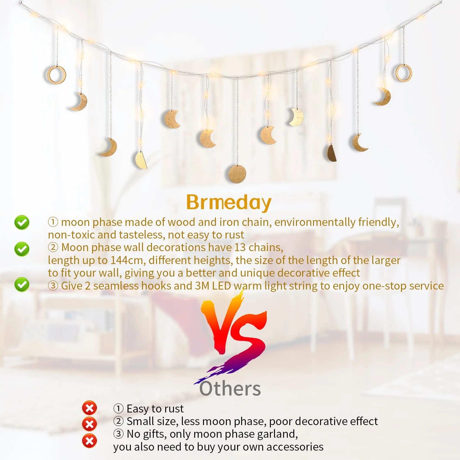 Girlanda z fazami księżyca, dekoracja ścienna w stylu boho, girlanda księżycowa, dekoracja ścienna, do salonu, sypialni, lampa księżycowa w stylu boho, złota girlanda 144 cm, 13 księżyców, z łańcuchem