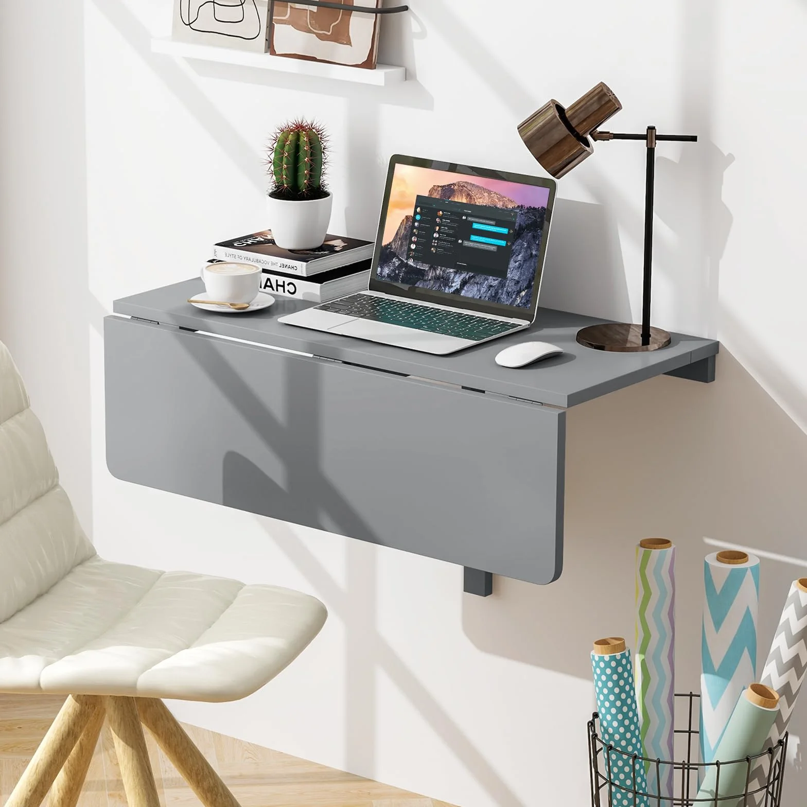 COSTWAY Składany stół ścienny 80x60 cm szary do kuchni jadalni gabinetu