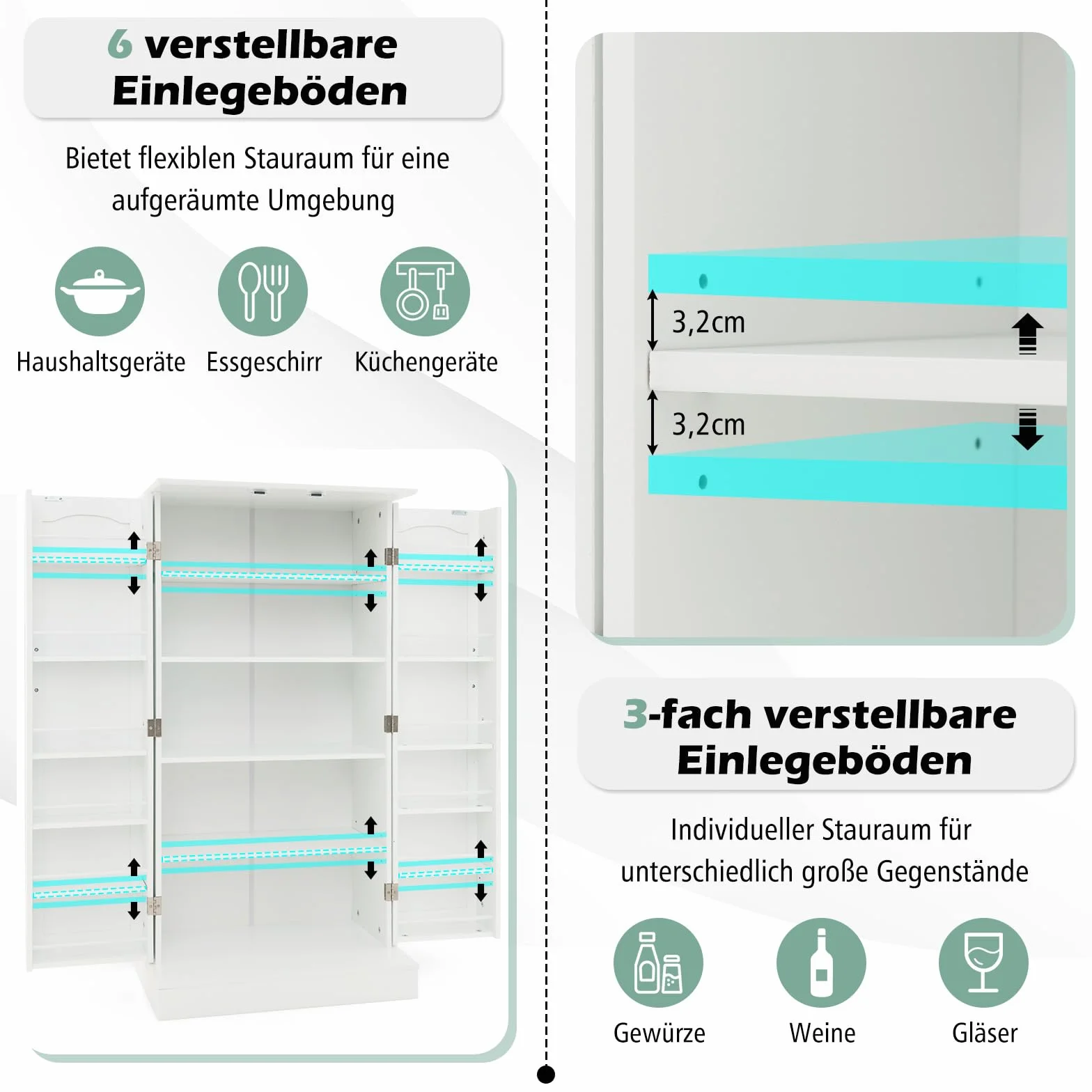COSTWAY szafka kuchenna, szafka magazynowa, szafka do przechowywania z 2 drzwiami i 6 regulowanymi półkami, szafka wielofunkcyjna do kuchni, salonu, jadalni, 60 x 40 x 120 cm, biały