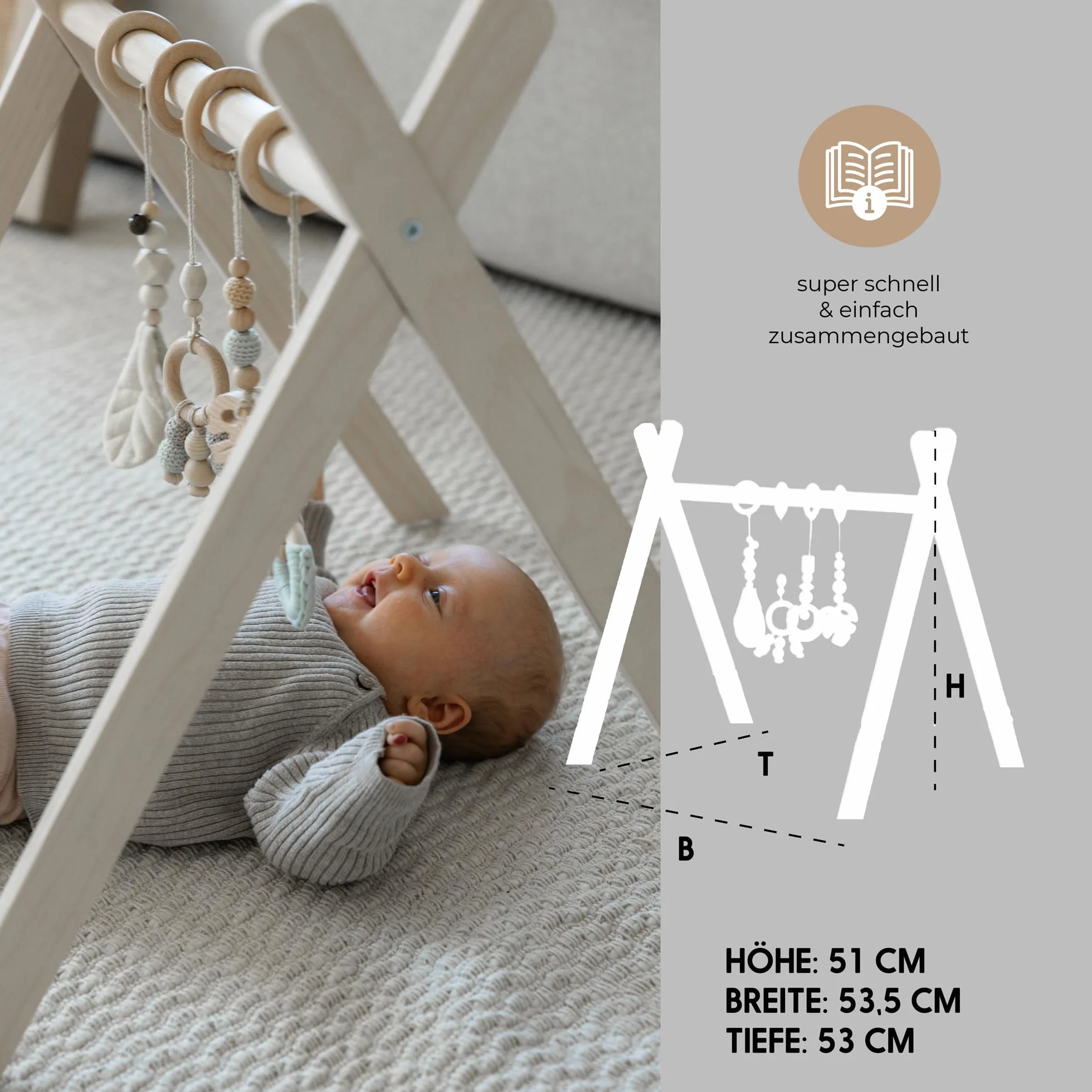 BASIC łuk do zabawy – drewniany łuk do zabawy dla niemowląt od urodzenia, drewno warstwowe, stabilna konstrukcja, Montessori Baby Gym, wspomaga motorykę i zmysły – od 0 miesięcy – bez