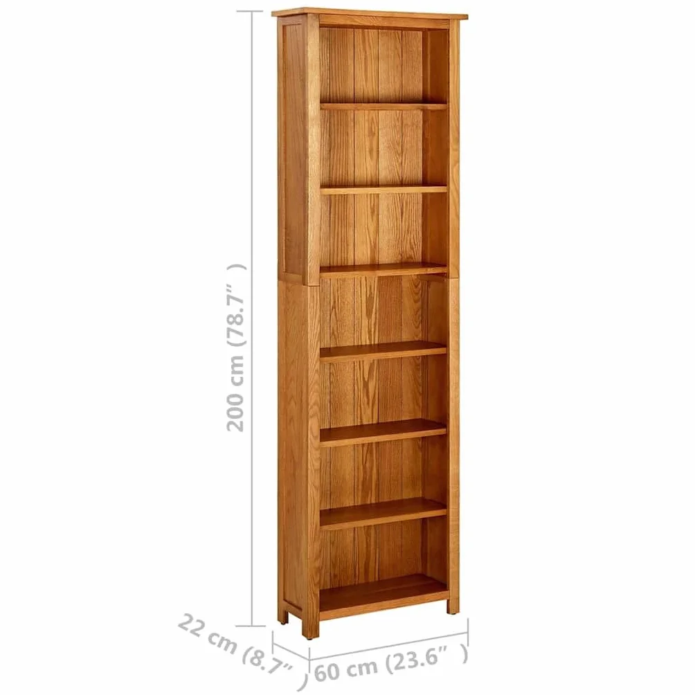Regał na książki z litego dębu z 7 przegródkami, 60 x 22 x 200 cm, solidna półka do przechowywania książek i dekoracji, stylowe, naturalne wykończenie i funkcjonalne meble