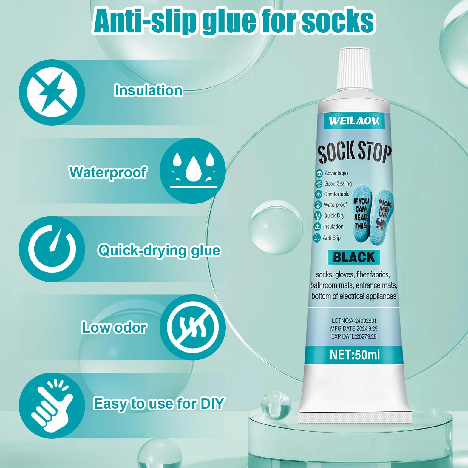 Sock Stop Liquid, antypoślizgowy zestaw skarpet, antypoślizgowe rozwiązanie skarpet, zmywalne, płynny klej antypoślizgowe skarpety, maty łazienkowe, czarne