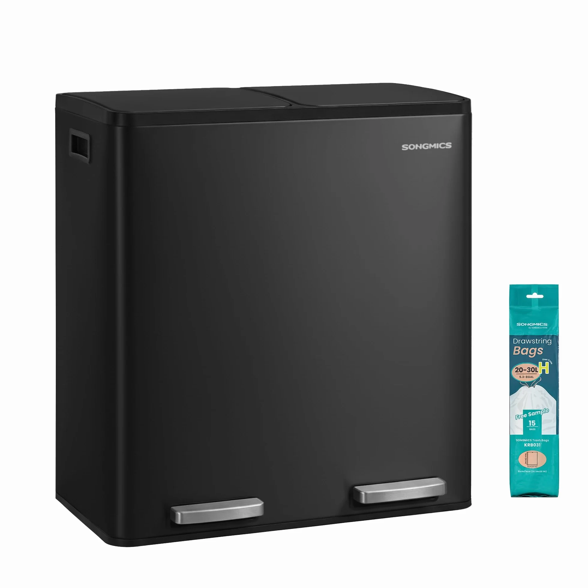 SONGMICS Kosz na śmieci kuchenny, 2 x 30 l, system segregacji śmieci, 2 przegródki, kosz na śmieci z 15 workami na śmieci, kosz na śmieci z pedałem, wyjmowany kosz wewnętrzny, pokrywka Softclose