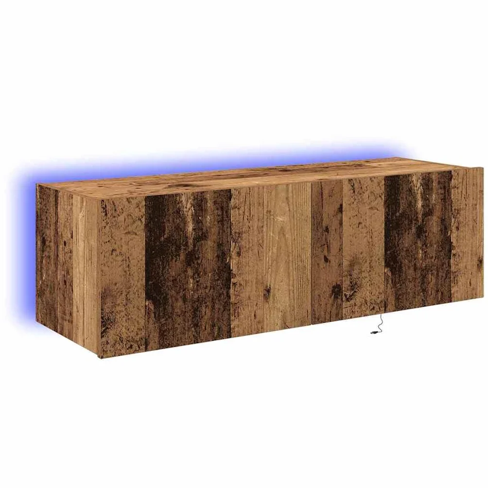 Szafka ścienna pod telewizor, zestaw 2 sztuk, wygląd starego drewna, 100 x 35 x 31 cm, materiał drewnopochodny, unoszący się regał na media do salonu, wszechstronne oświetlenie LED, uchwyt na