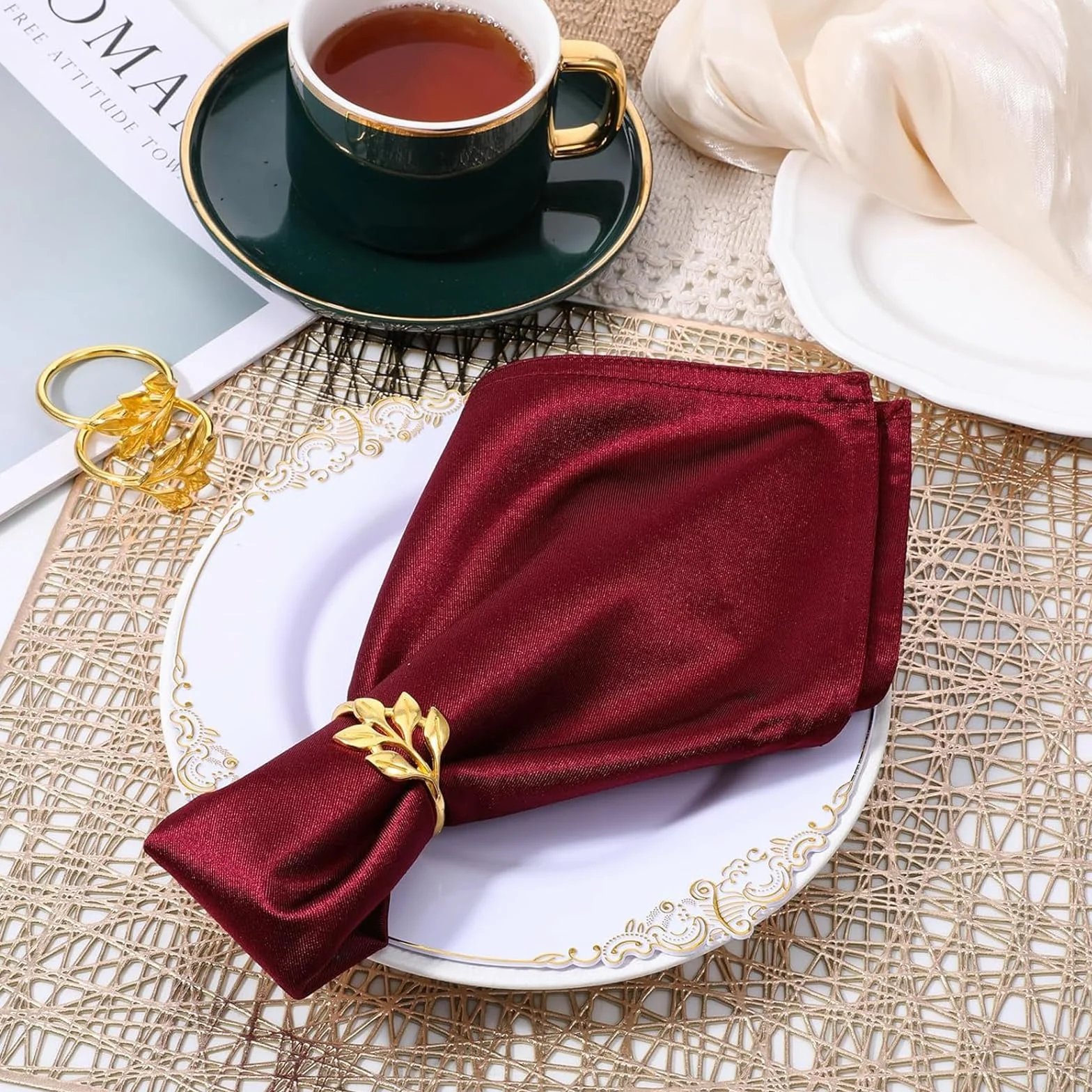 12 sztuk złote pojedyncze serwetki, eleganckie obrączki na serwetki na ślub, chrzest, Boże Narodzenie, bankiet
