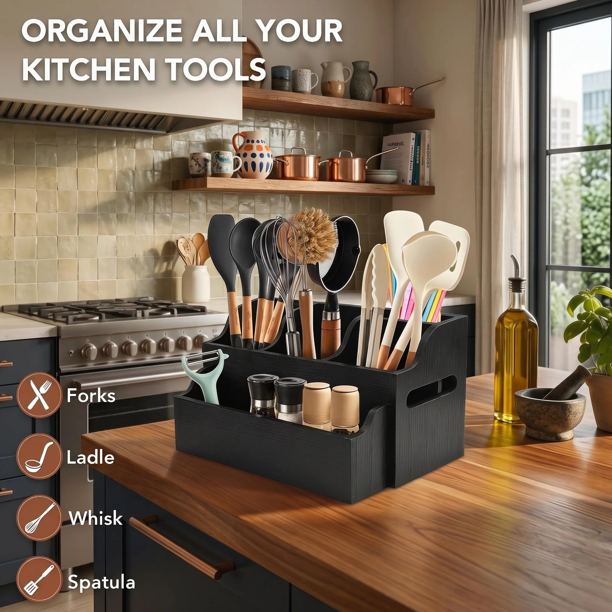 Bardzo duży organizer na przybory kuchenne z litego drewna z 3 przegródkami, nowoczesny, elegancki design z uchwytami, przestronny, łatwy dostęp i stabilny do przechowywania na blacie