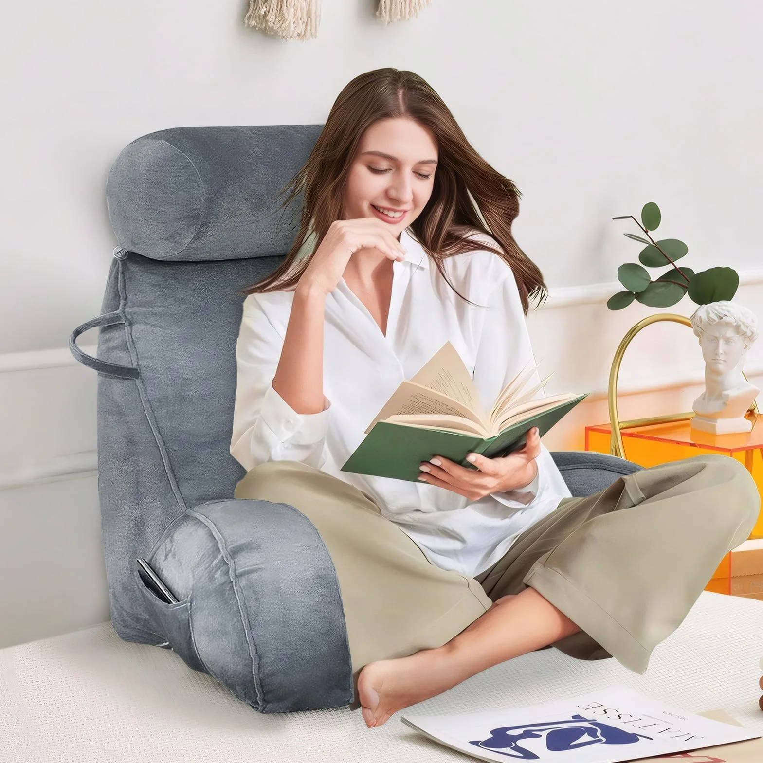 MINGPINHUIUS XL Poduszka do czytania do łóżka i sofy z odpinaną poduszką na szyję, idealna poduszka na plecy dla dorosłych z pianką memory foam dla komfortowego czytania, pracy, zabawy, oglądania