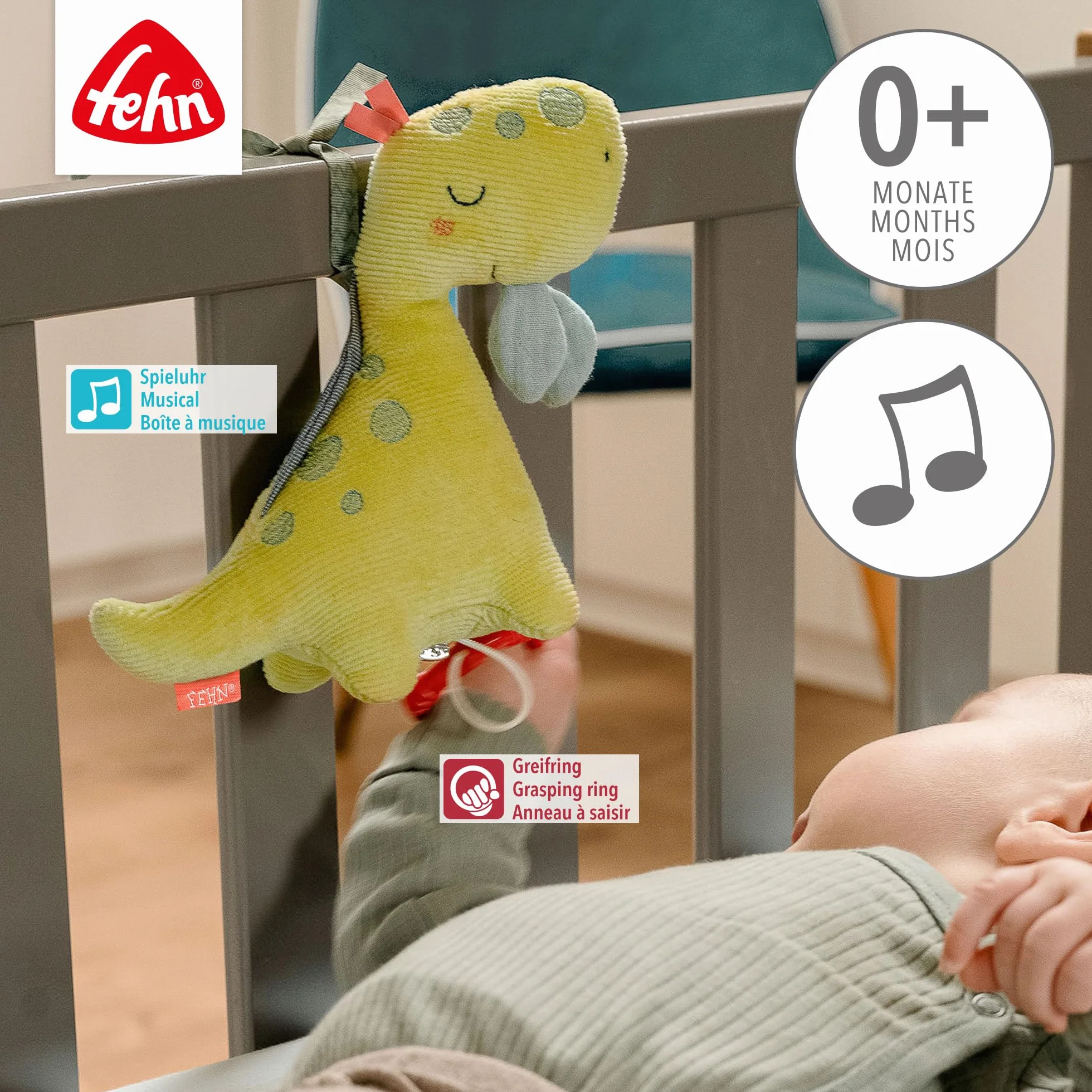 Fehn 051018 Mini-Spieluhr Dino – Kuscheltier & Einschlafhilfe: Melodie „Mozarts Wiegenlied“ beruhigt in jeder Situation – idealer Begleiter für zuhause & unterwegs – für Babys & Kleinkinder