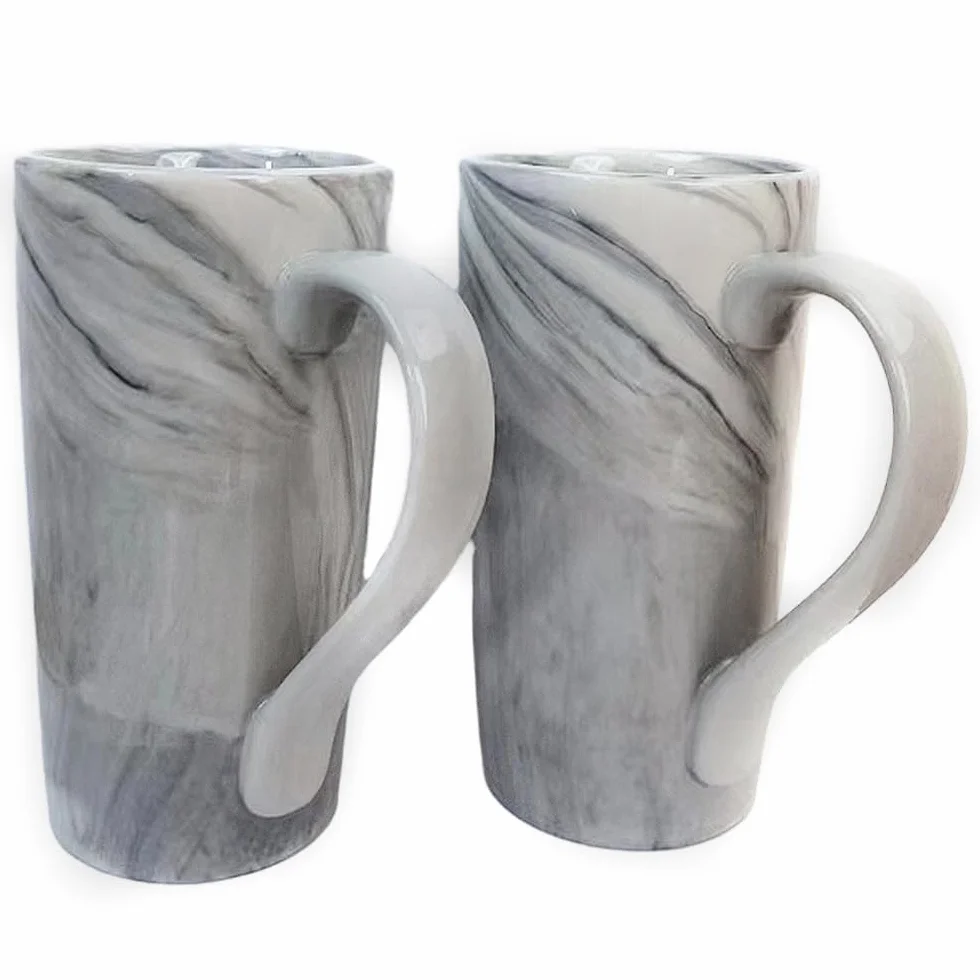 Duże kubki do kawy, marmurowe, ceramiczne, zestaw 2 sztuk, porcelanowe wysokie filiżanki do herbaty z bardzo dużym uchwytem, nowoczesne, stylowe i nastrojowe do kuchni, domu, biura, szare