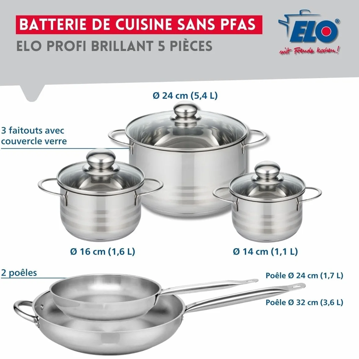 ELO 9880550 Naczynia kuchenne 5 sztuk, zestaw 2 patelni 24 i 32 cm i 3 garnków 14, 16 i 24 cm Elo Profi Brilliant, stal nierdzewna, indukcyjna