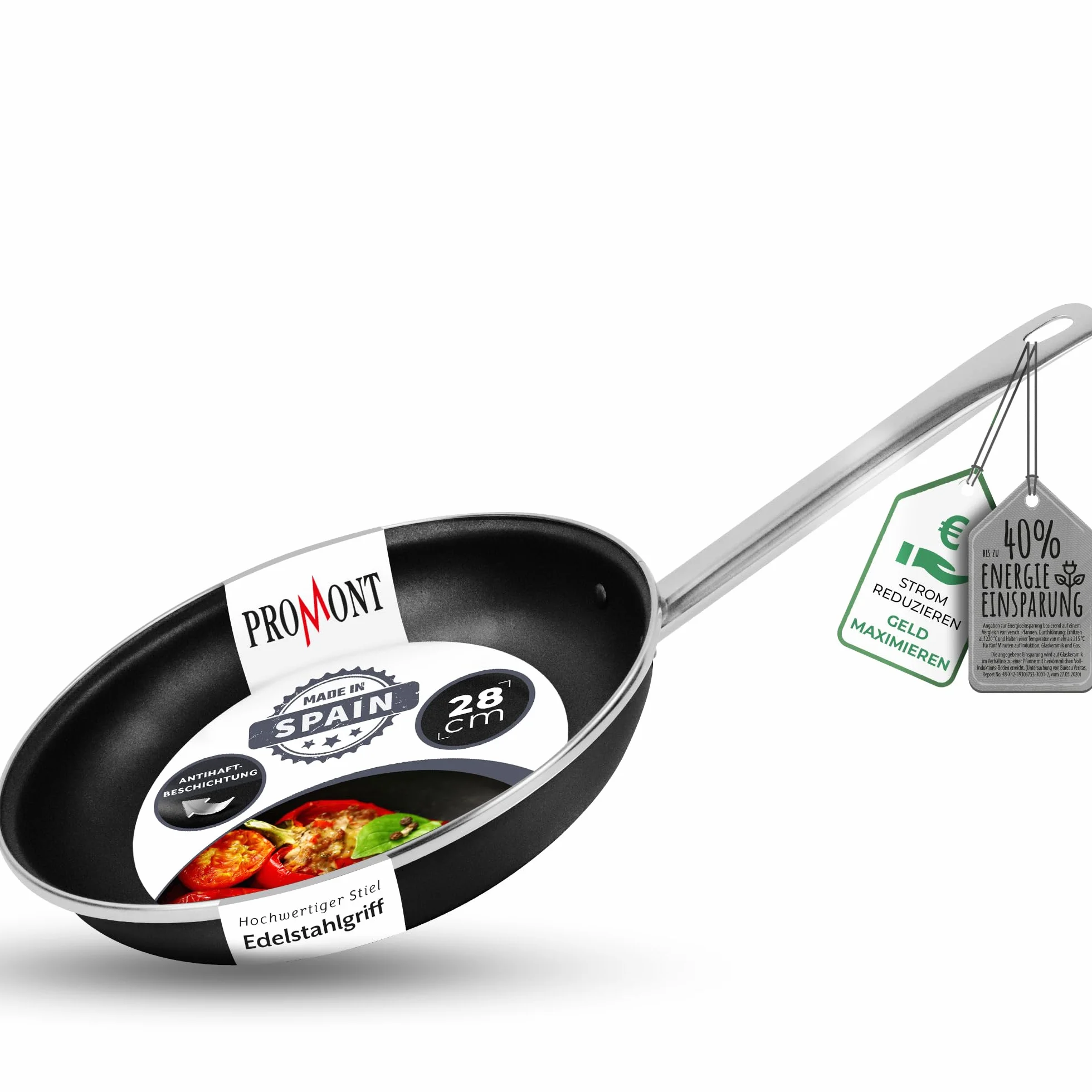 Patelnia energooszczędna 28 cm, oszczędność do 40% – stal emaliowana, nieprzywierająca, czarna, patelnia do wszystkich rodzajów kuchenek, w tym indukcyjna, nadaje się do piekarnika do 230°C,