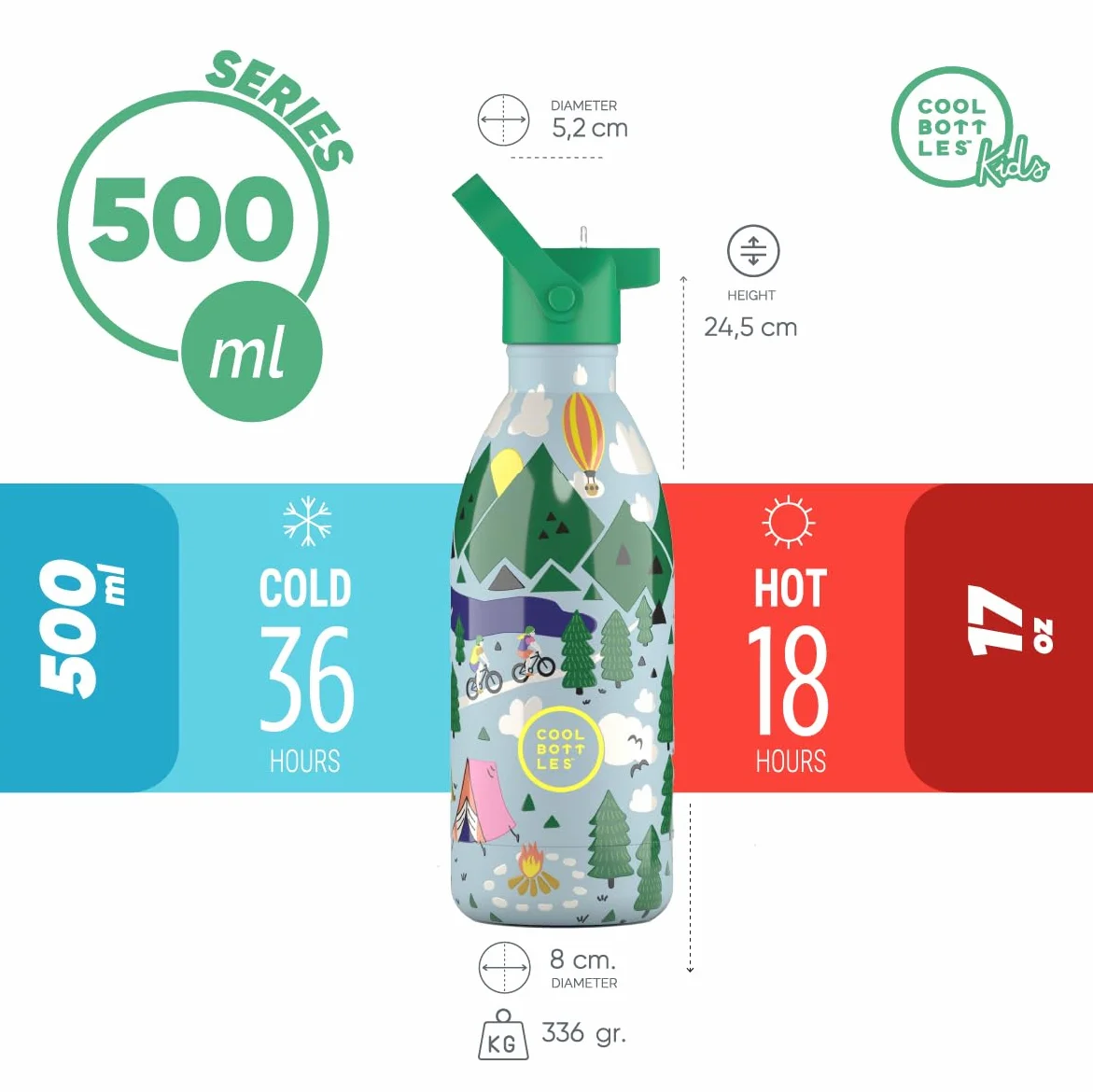 Cool Bottles - Butelka na wodę ze stali nierdzewnej dla dzieci, termos dla dzieci - zimne napoje przez 36 godzin i gorące przez 18 godzin - Outdoor Adventure 500ml