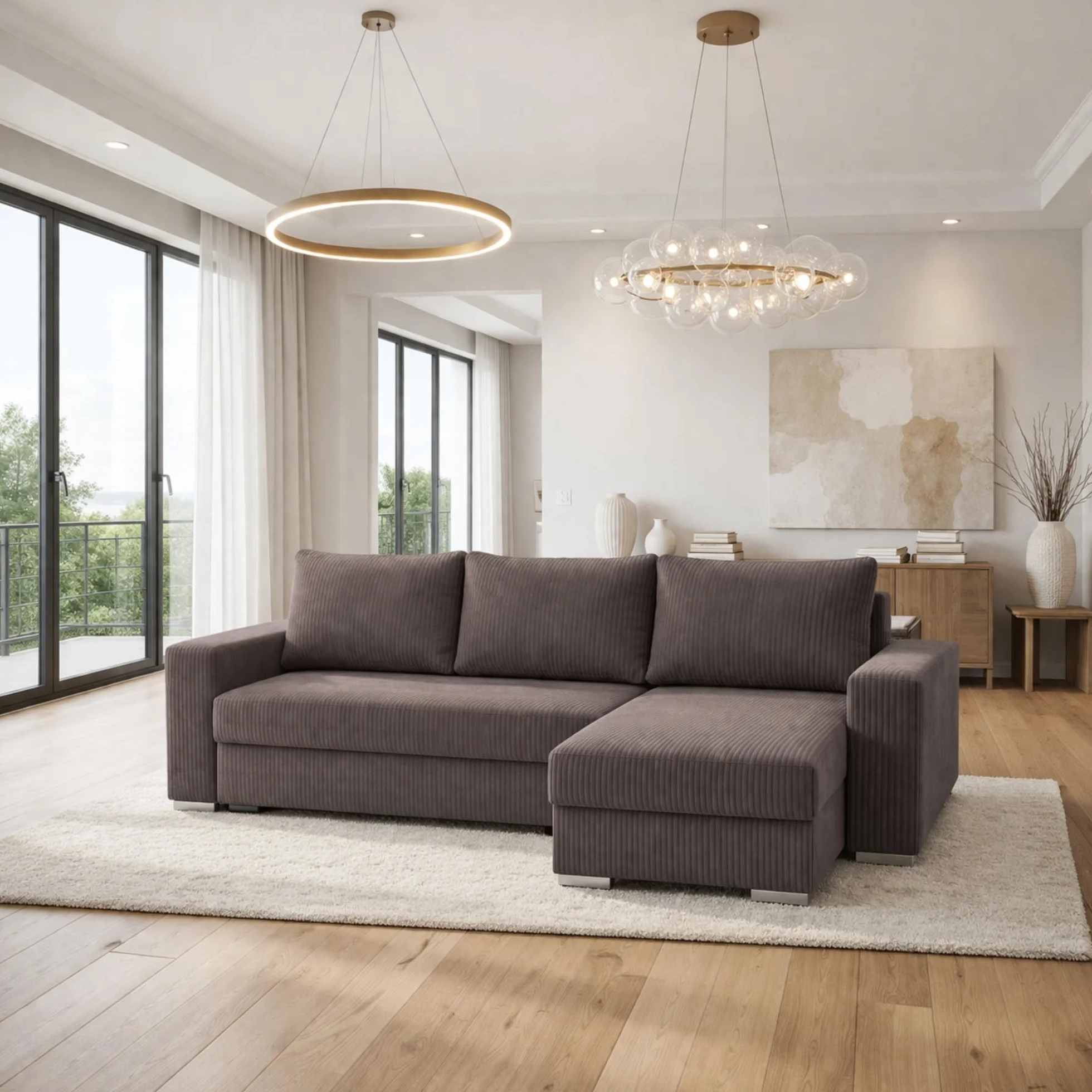 Narożnik Bravia z funkcją spania – Wolnostojący – Komfort i styl w minimalistycznej formie Automat ułatwiający rozkładnie – 235 x 140 x 90 cm – Zoom 6 (Brąz)