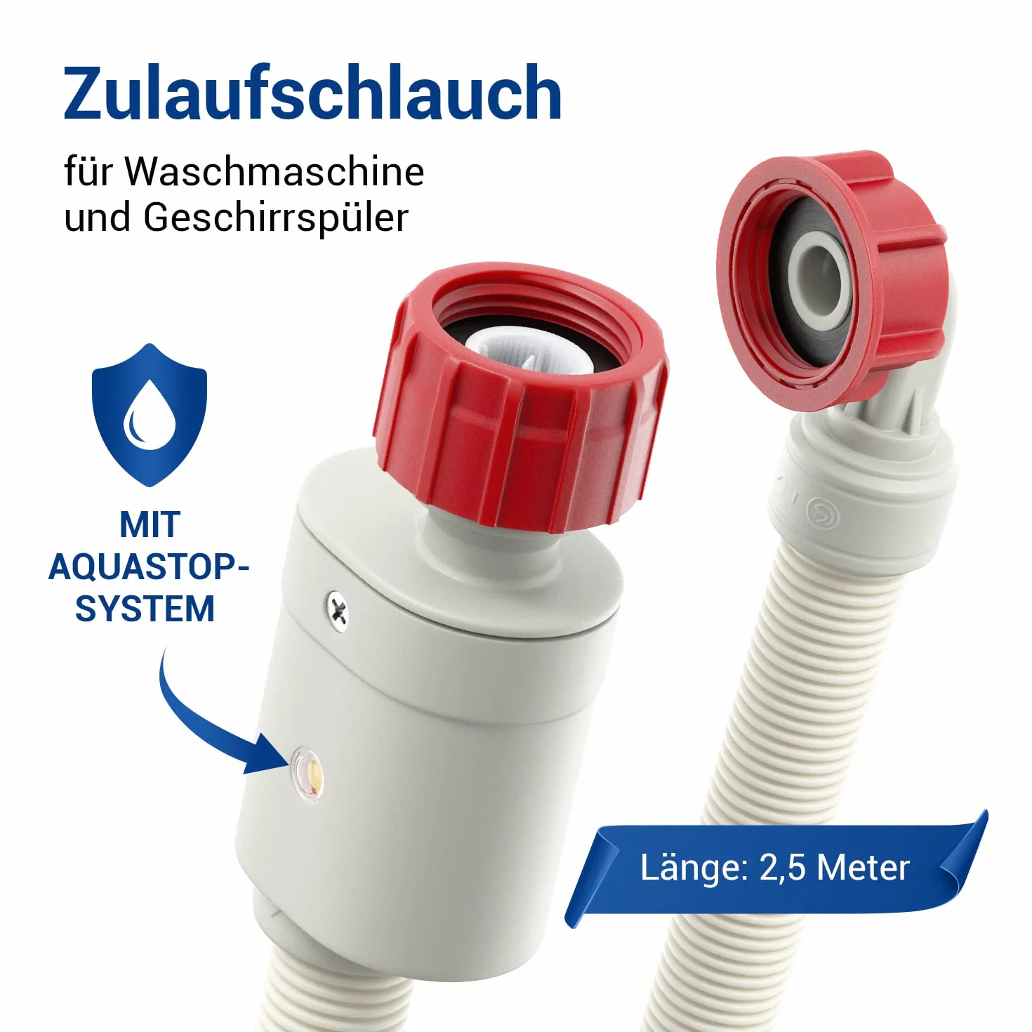 VIOKS Aquastop wąż dopływowy do zmywarki, wąż 3/4 cala, 2,5 m, 90 °C, prosty / kątowy – uniwersalny wąż wodny Aqua Stop do zmywarki / Aqua Stop węże wodne do zmywarek