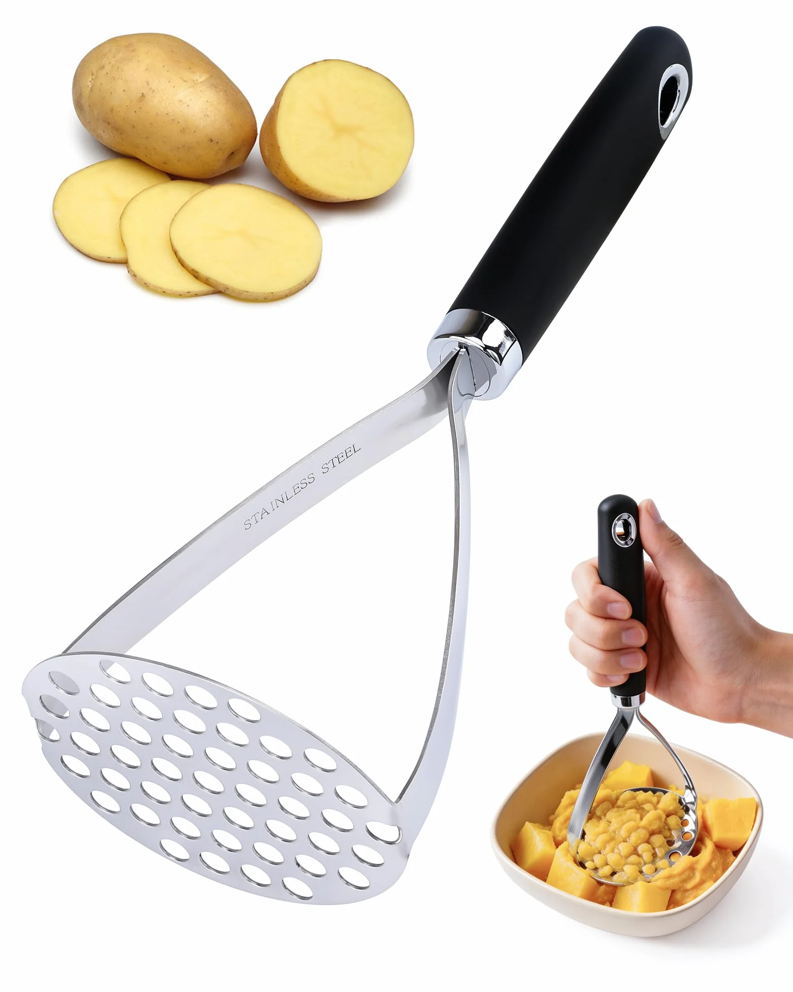 Tłuczek do Ziemniaków Stal Nierdzewna, 26cm Duży, Solidny i Trwały z Ergonomicznym Antypoślizgowym Uchwytem, Wielofunkcyjny Ubijak do Ziemniaków do Puree, Pomidorów, Dań dla Niemowląt i Dżemów