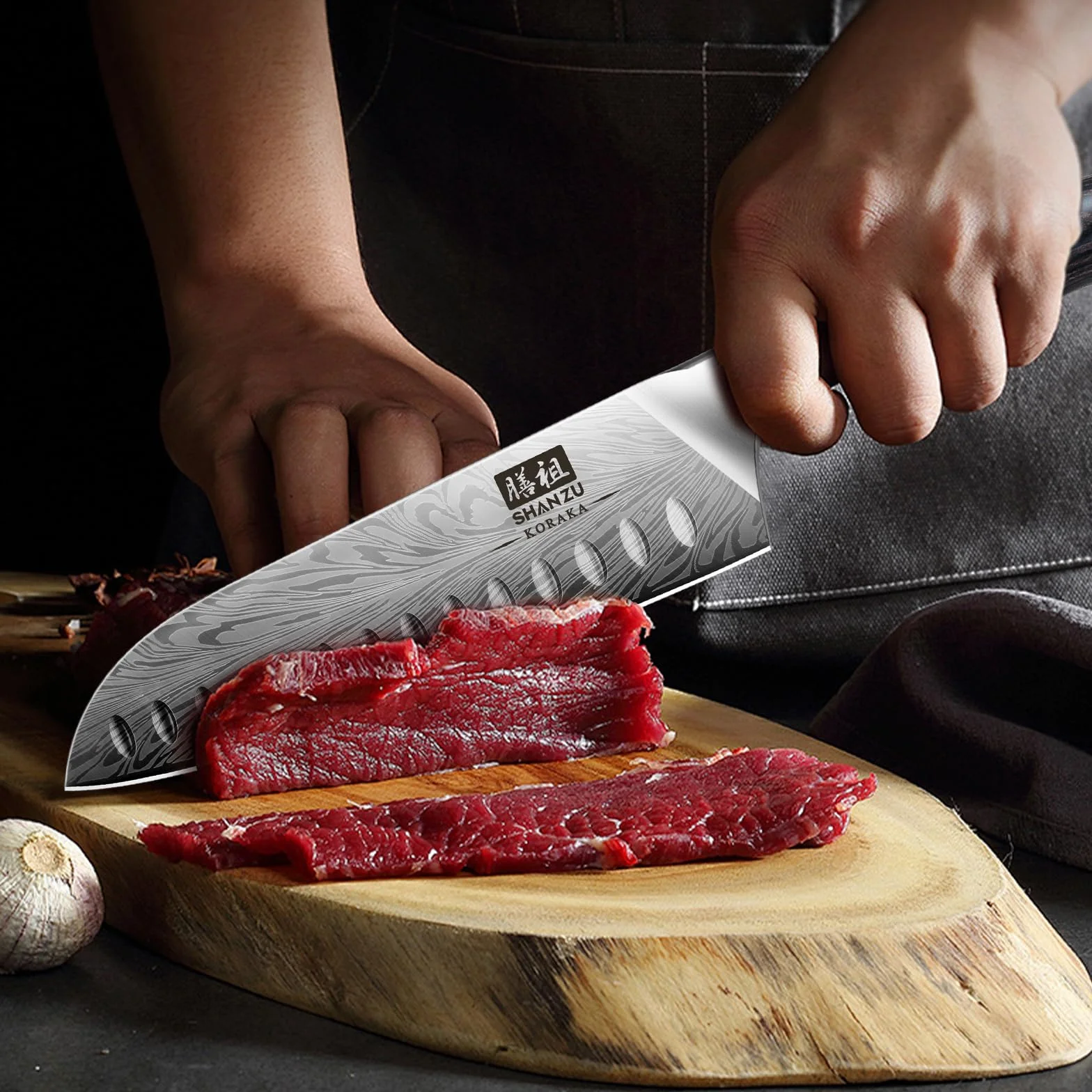 SHAN ZU Nóż Santoku ze stali w proszku, 18 cm profesjonalna kuchnia kuchnia japońska super ostra twarda stal nóż Santoku nóż do warzyw i mięsa, ergonomiczny uchwyt drewniany pakka