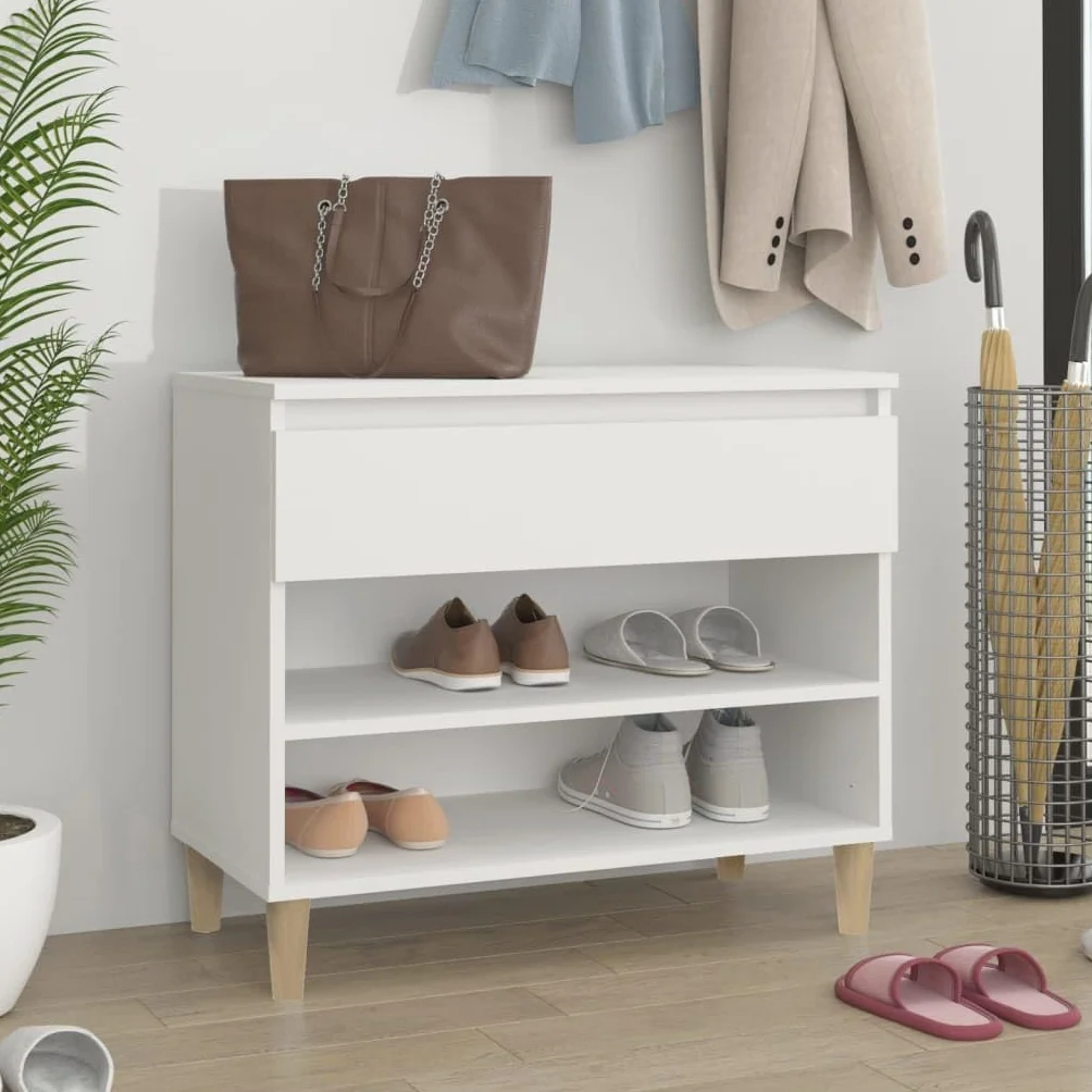 Regał na buty, biały, materiał drewnopochodny, 70 x 36 x 60 cm, z 2 półkami i szufladą, do przechowywania butów do przedpokoju, sypialni, stabilny organizer na buty z półką