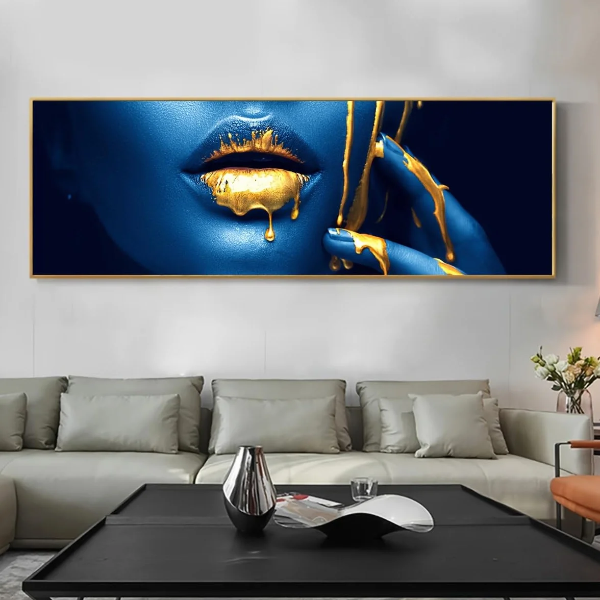 GLWDMH 1 sztuka 70 x 210 cm złota farba kropla na ustach dziewczyny modne obrazy na płótnie, sztuka ścienna plakat i wydruki, obraz ścienny do salonu, sypialni, jadalni, biura (bez ramy)