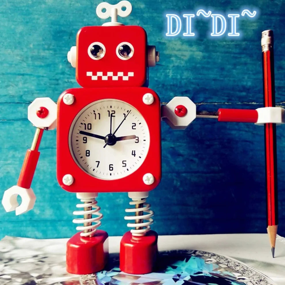 Diskary Robot budzik, cichy budzik z migającymi światłami oczu i obrotowym ramieniem, Prezent Dla Dzieci (czerwony)