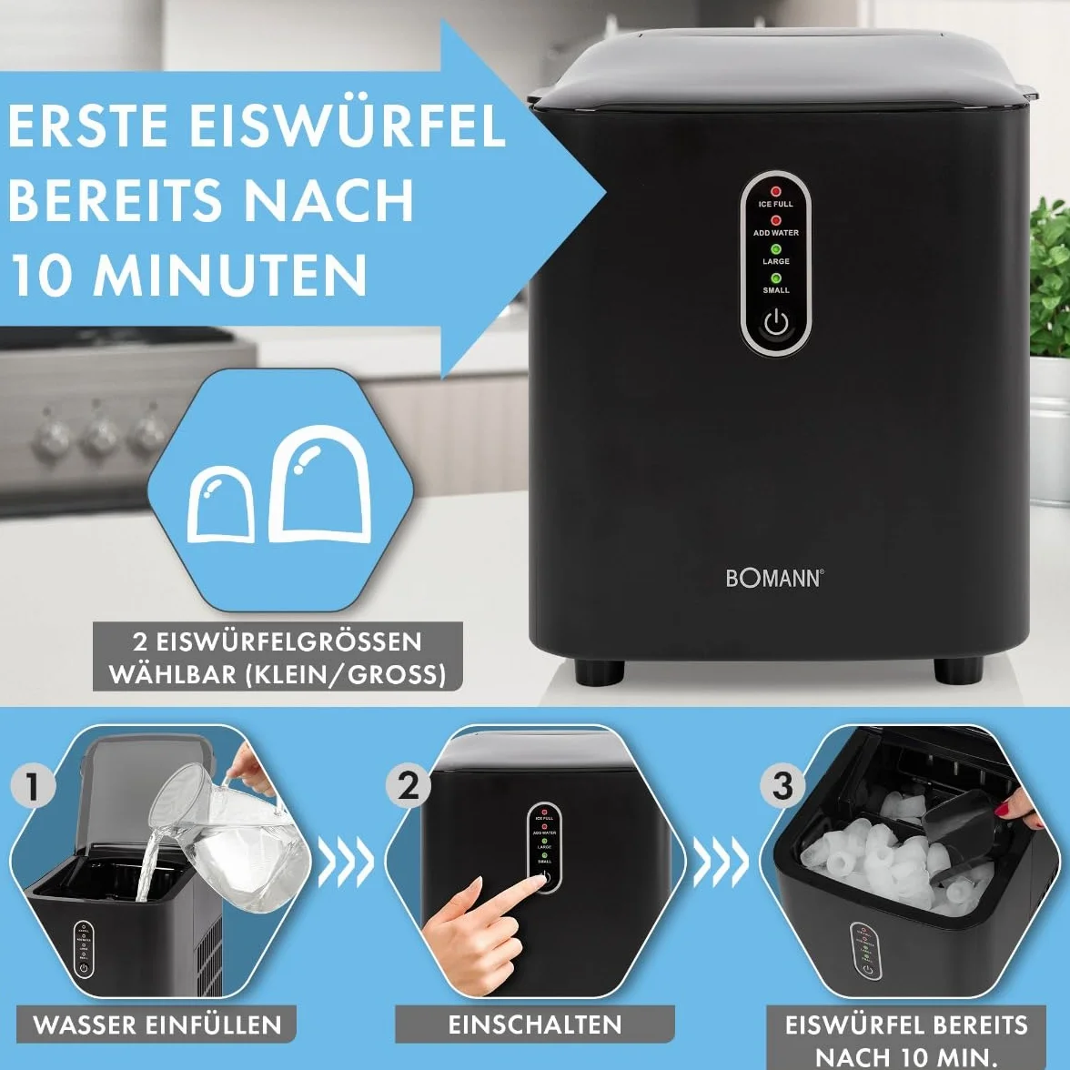 Bomann® Kostkarka do lodu szybka produkcja – kostki lodu w 10 minut | do 10 kg lodu w ciągu 24 godzin | maszyna do kostek lodu o 2 rozmiarach i zbiornik na wodę 1,1 l | w zestawie szufla do lodu | EWB