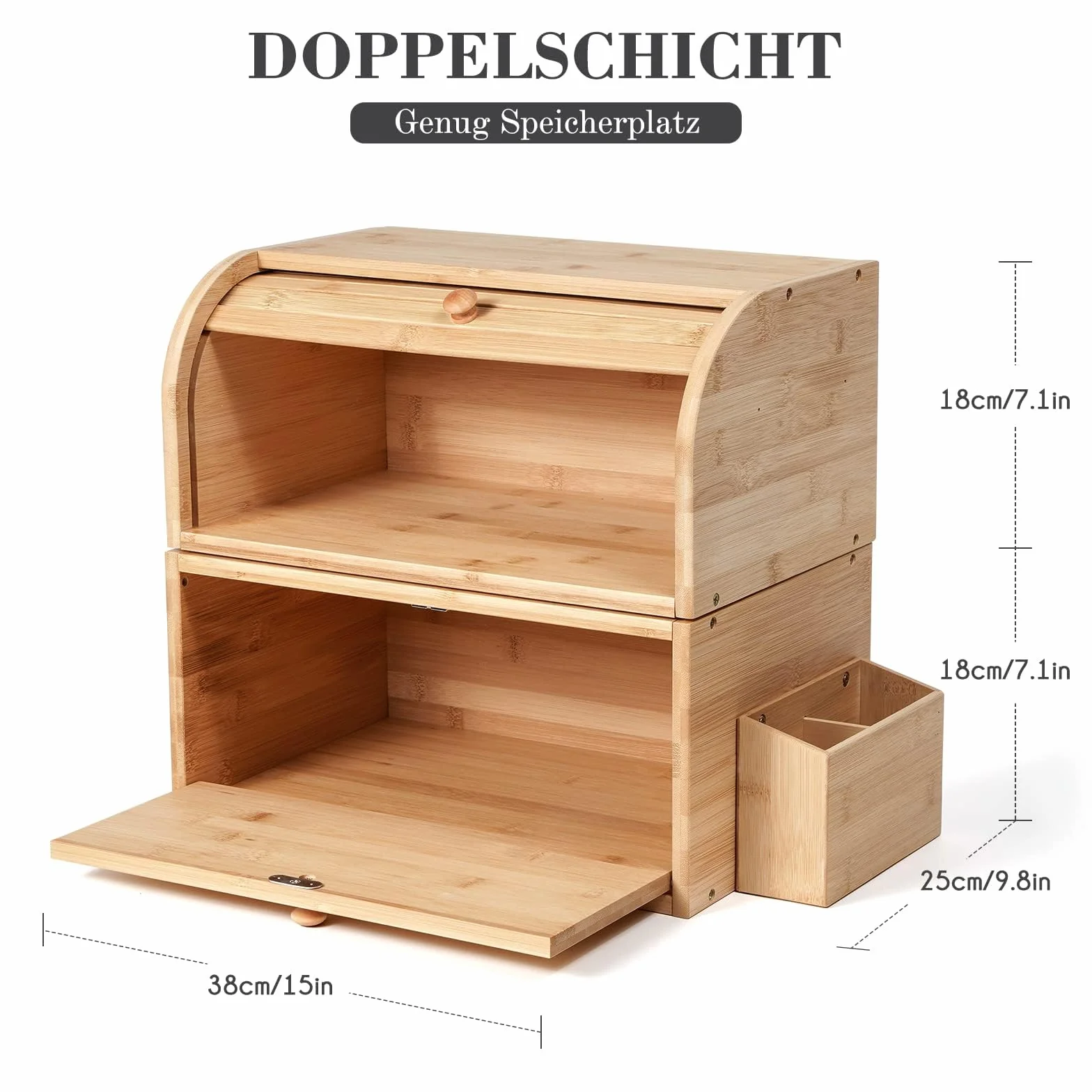 GUUSII HOME Chlebnik Drewniany Duży Retro Eco Chlebnik Pokrywa rolki Dwuwarstwowy pojemnik na chleb z możliwością układania w stosy 38x25x36cm Naturalny bambus Zachowuje świeżość i smak