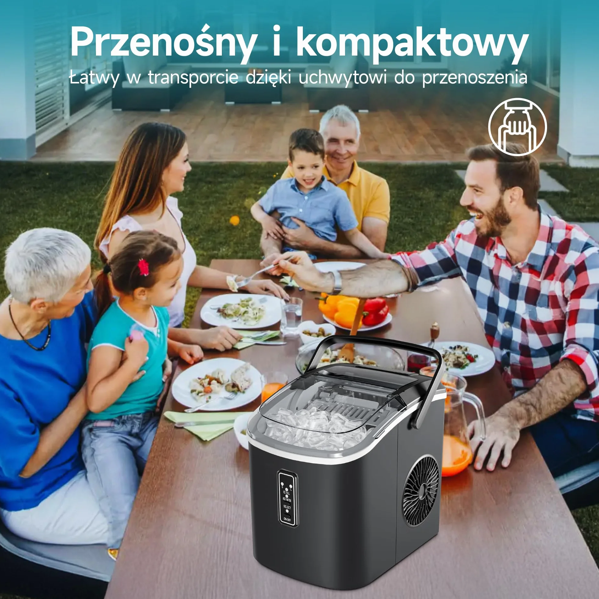 EUHOMY Kostkarka do lodu,9 kostek lodu w ciągu 6 minut, 12 kg/dzień, samoczyszcząca, przenośna maszyna do lodów z uchwytem do noszenia, koszem i szuflą, 2 rozmiary kostek lodu, do domu, kuchni, czarna