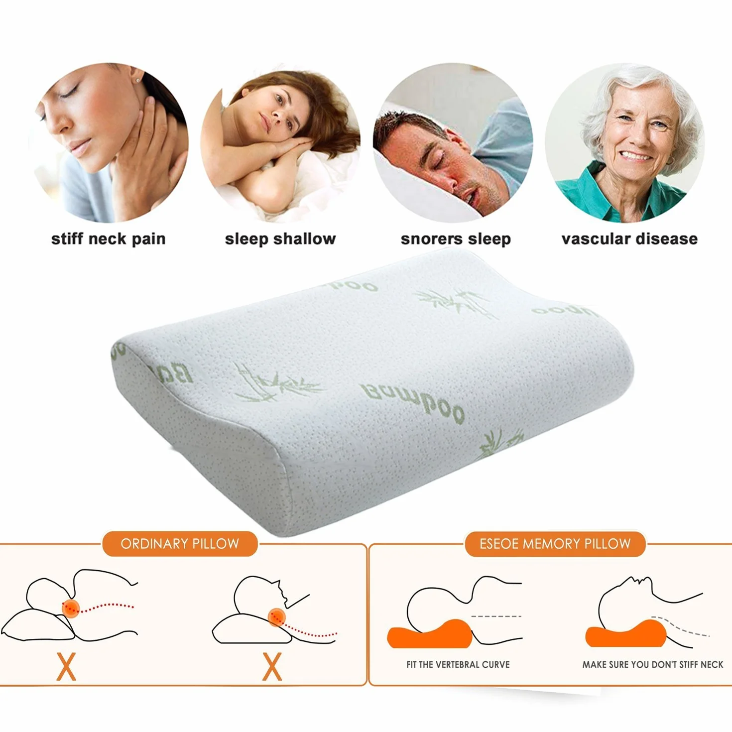 Poduszka z Pianki Memory Foam Wysoka Gęstość Ergonomiczna do Spania z Poszewką Bambusową