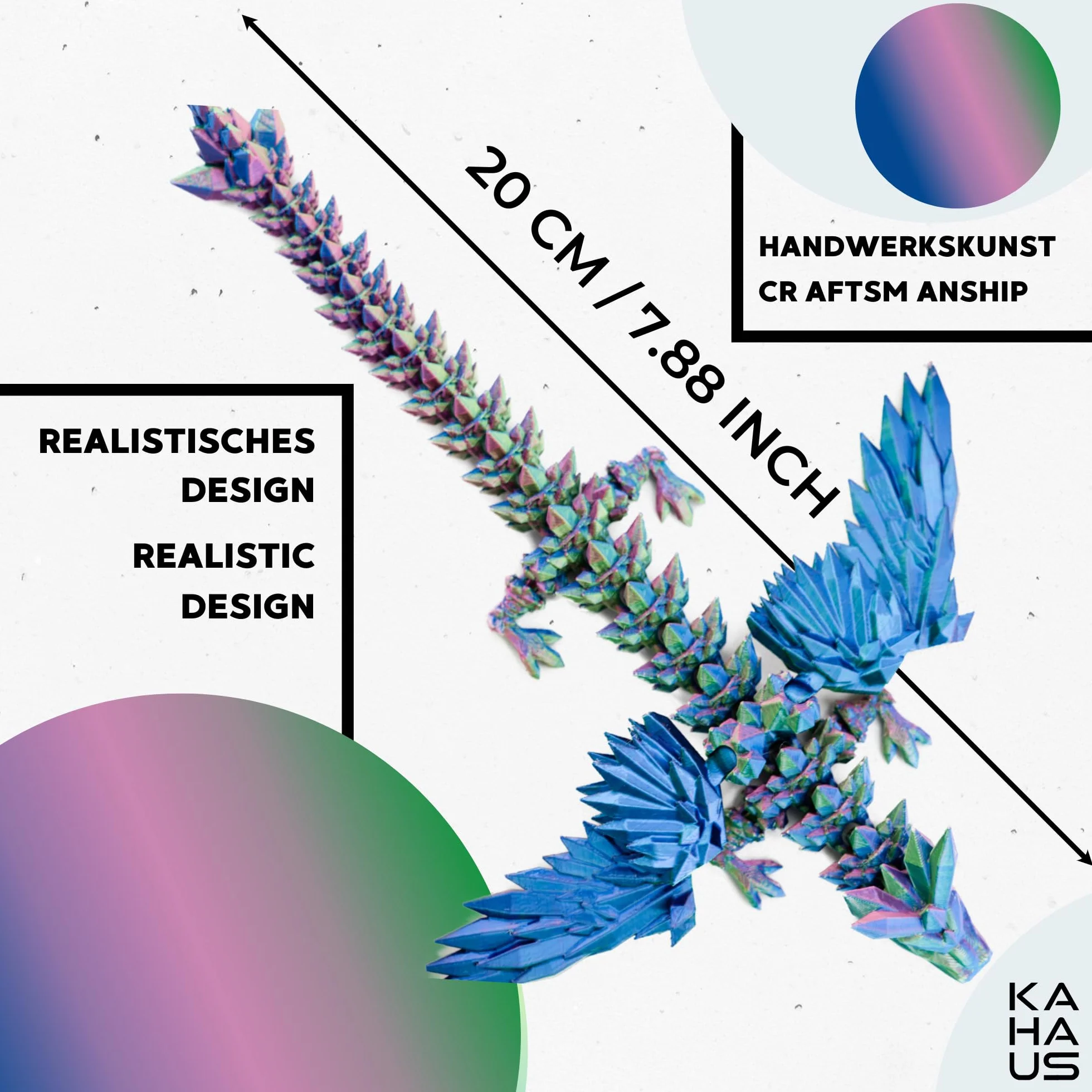 3D Smok ze skrzydłami w jaju – 20 cm dekoracyjna figurka kolekcjonerska z jajem 10 cm, smok w kolorach niebiesko-zielono-fioletowych, element ruchomy, fantasy deko (14+)