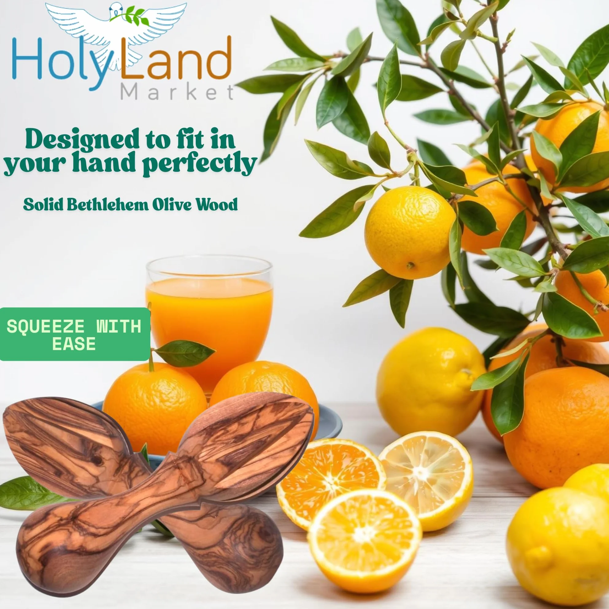Holy Land Market wyciskarka do cytrusów, ręcznie rzeźbiona, twarde drewno oliwkowe, z etleem, 14 cm