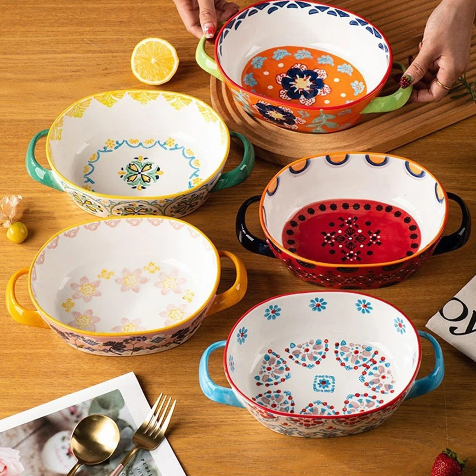 Lasagne Patelnie Ceramiczne Kreatywne Podszkliwne Kolorowe Naczynia Odporne Na Wysokie Temperatury Blacha Do Pieczenia Talerz obiadowy Podwójne Ucho Talerz Na Owoce Do Pieczenia Ciasta Domowe Do