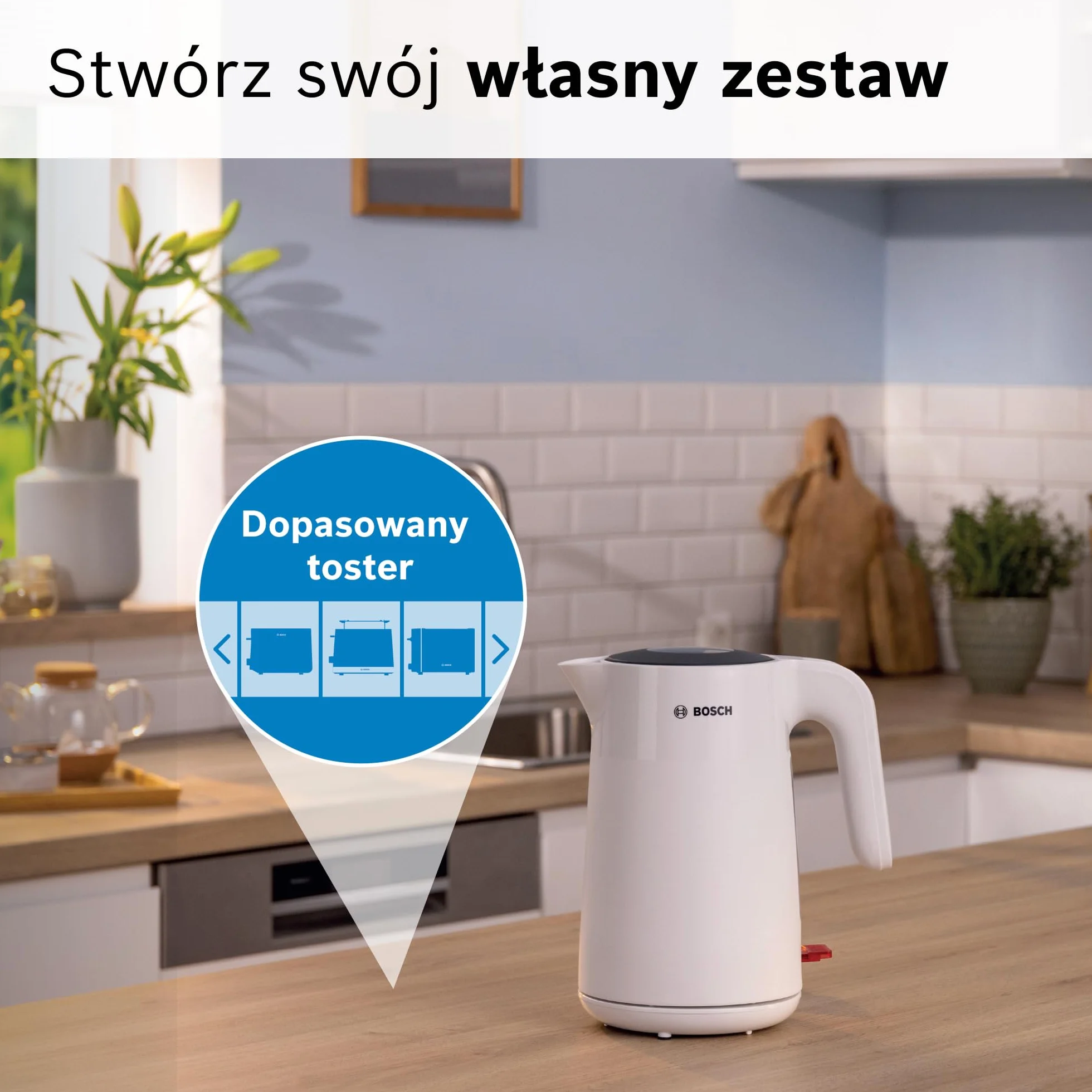 Bosch, czajnik elektryczny, MyMoment, ergonomiczna budowa, duży otwór, potrójne zabezpieczenie, filtr antyosadowy, pojemność 1,7 l, wysokiej jakości plastik, biały, TWK2M161