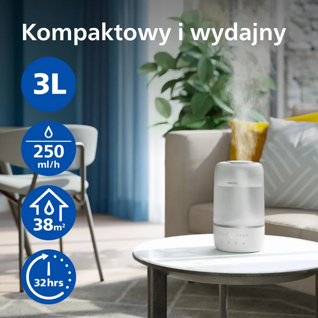Philips Inteligentny nawilżacz, kompaktowy i mocny, z mgiełką Sky High, czas pracy do 32 godzin, aromaterapia, cichy, z ustawieniem snu i lampką nocną, do pomieszczeń o powierzchni do 38m² (HU1509/00)