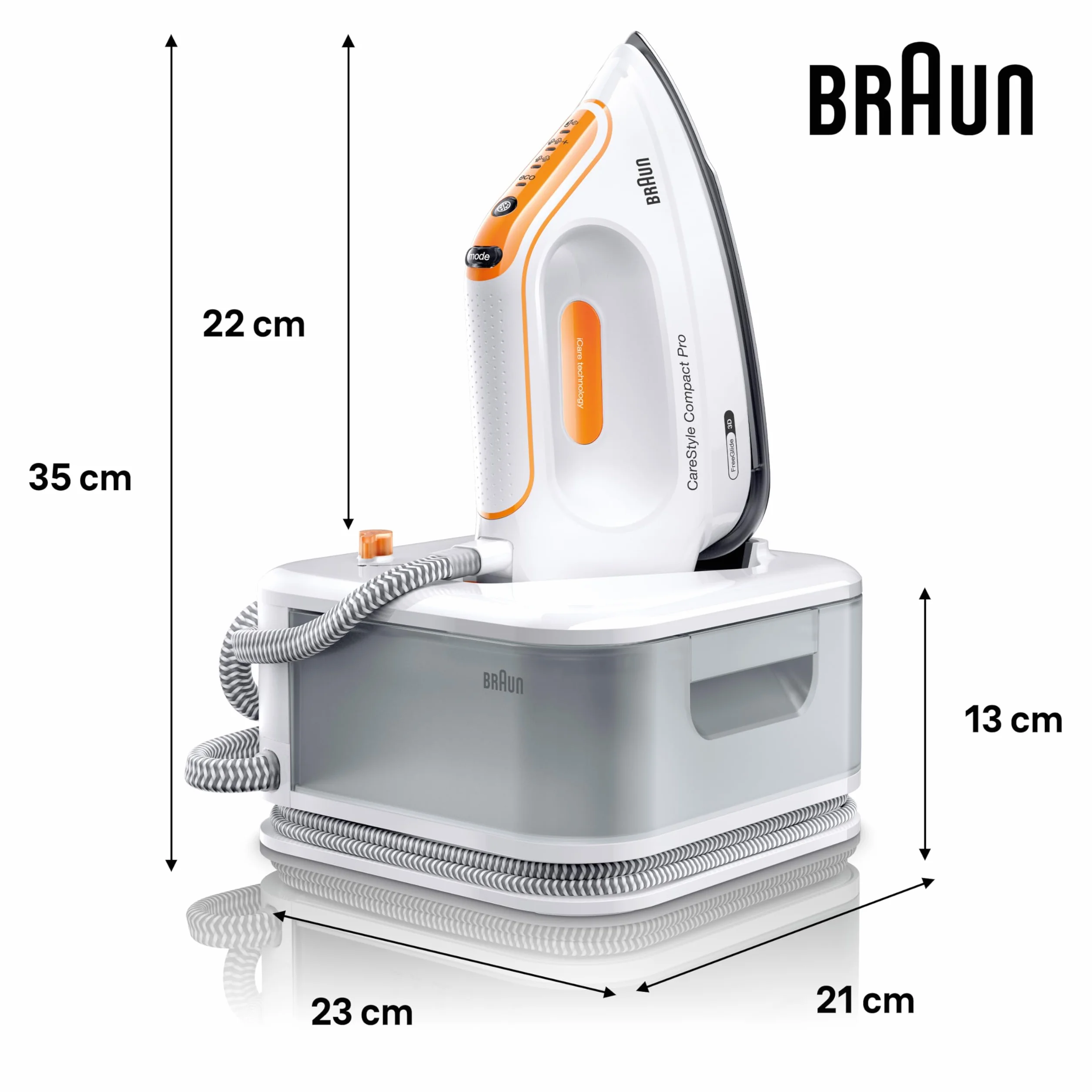 Braun CareStyle Compact Pro żelazko generujące parę, FreeGlide 3D, tryb iCareMode, Eco i Turbo, pionowe parowanie, niekapiący, zbiornik na wodę 1,5 l, 6 bar/400 g/min, 2400 W, biały/pomarańczowy