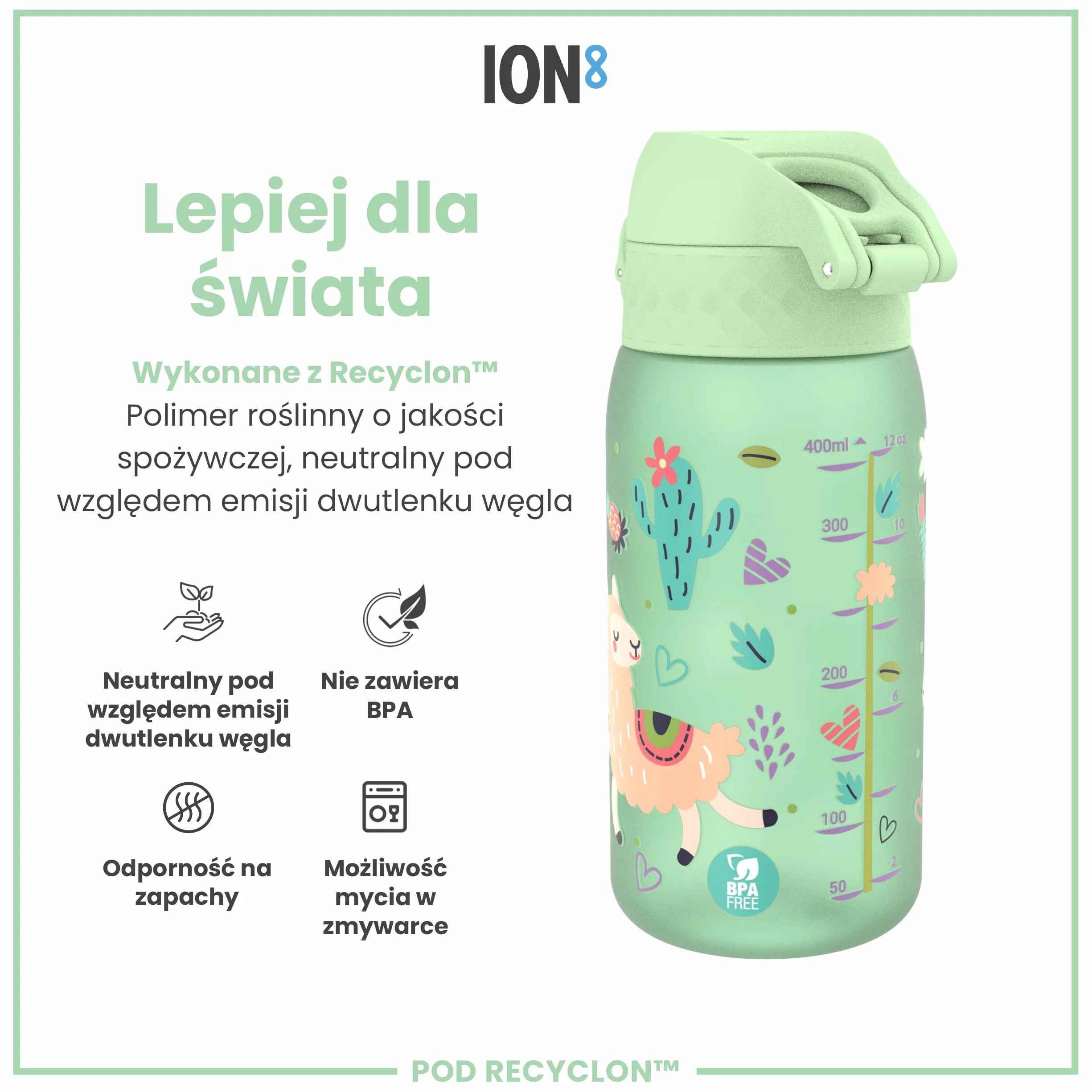 ION8 Butelka dla Dzieci, 350 ml/12 oz, Szczelna, Łatwa do Otwarcia, Bezpieczny Zamek, Można Myć w Zmywarce, Bez BPA, Uchwyt do Przenoszenia, Łatwa do Czyszczenia, Bezwonny, Lamy