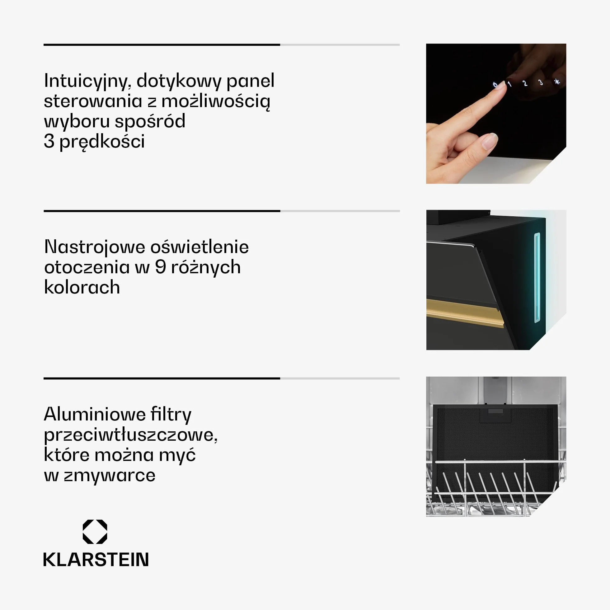 Klarstein Alina Okap kuchenny przyścienny – 60 cm, przepływ 600 m³/h, sterowanie dotykowe, klasa energetyczna A, oświetlenie LED w 9 kolorach, cichy 52 dB, czarno-złoty