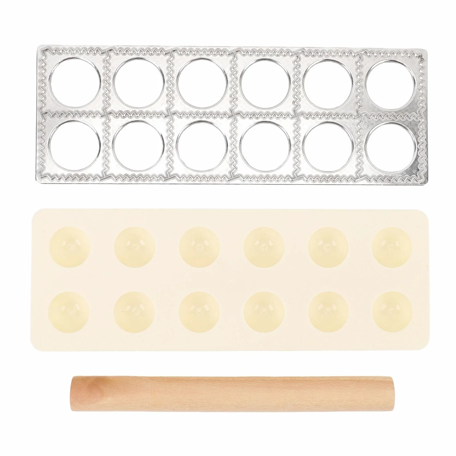Omabeta Ravioli Maker Press Cutter Zestaw z 12 Otworami, Aluminium Aluminium Aluminiowe Producent Pierogów z 24,5 Cm 9,6 Cali Drewniany Wałek do Tworzenia Makaronu w Restauracji