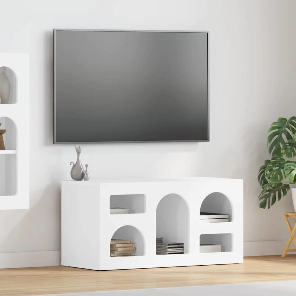 Szafka pod telewizor o wysokim połysku, biała, 80 x 35 x 40 cm, materiał drewnopochodny, konsola medialna z 5 półkami, wytrzymała konstrukcja, do salonu, sypialni, uniwersalna podstawka pod