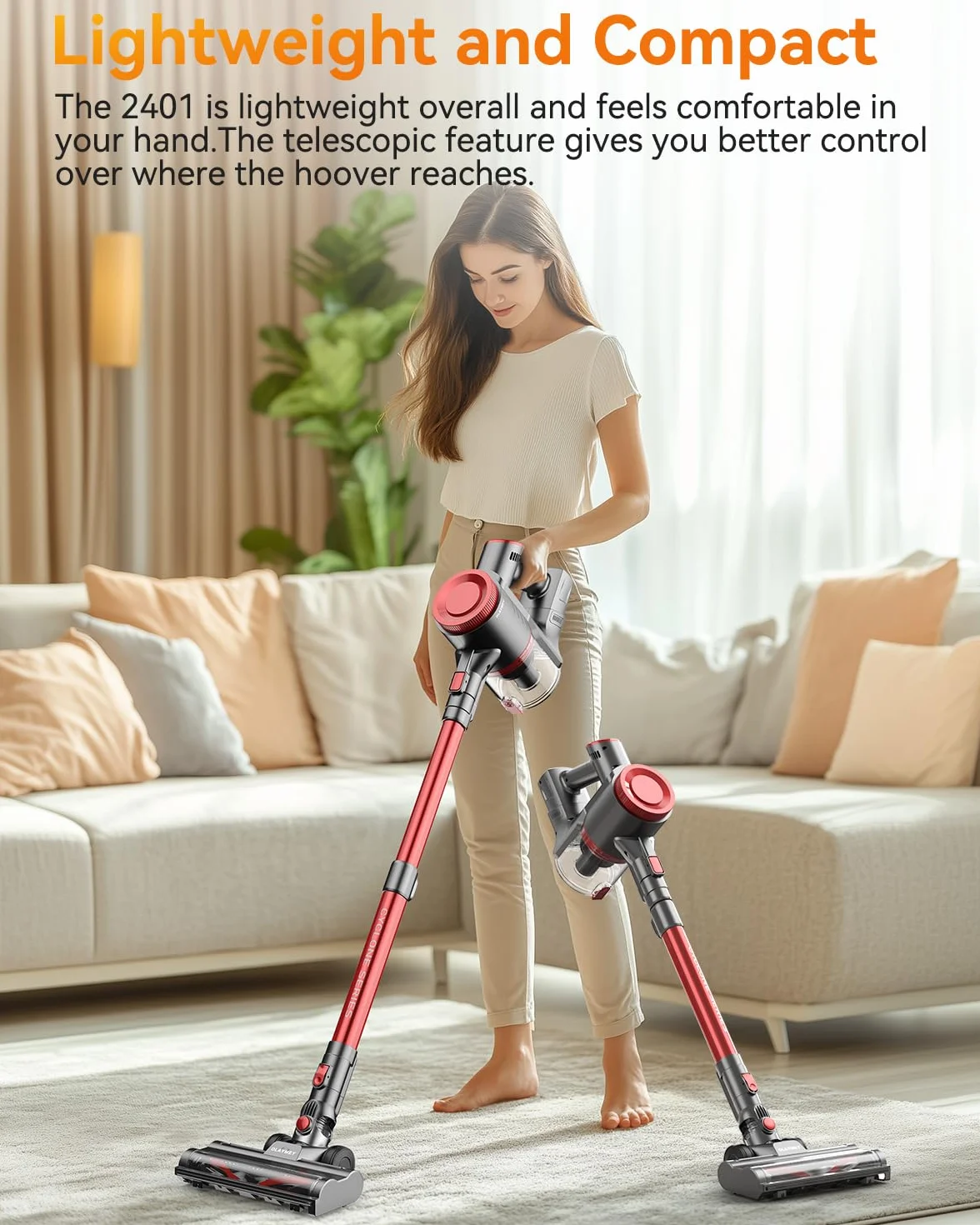 OLAYMEY Odkurzacz Bezprzewodowy 45KPa 200W 50Min 7w1 Autonomiczny Wolnostojący 1,5L Czerwony