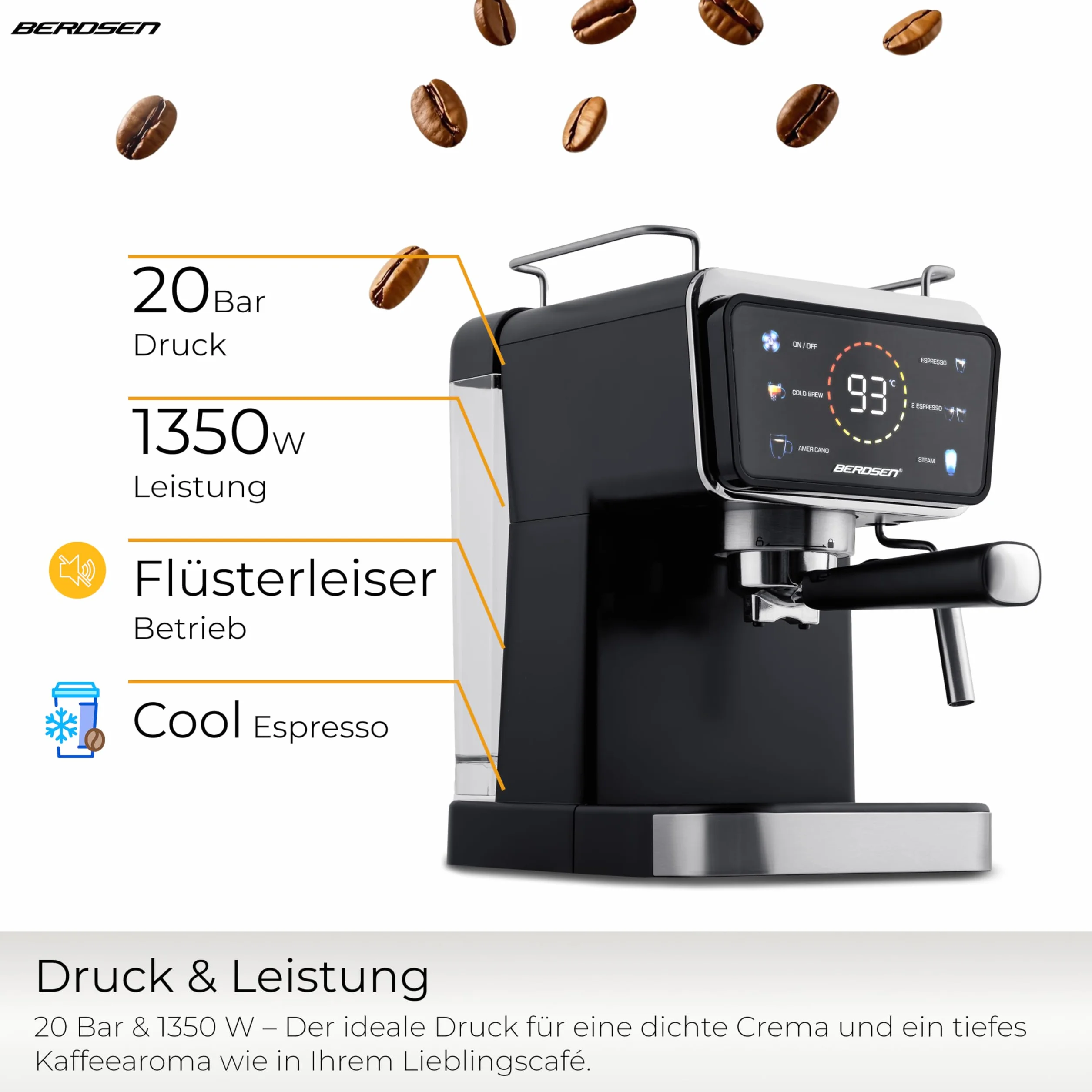 Berdsen Ekspres do Kawy - Kolbowy - 1,5 l 20 bar - Spieniacz do Mleka - 2 Filtry - Cool Espresso - Czarny