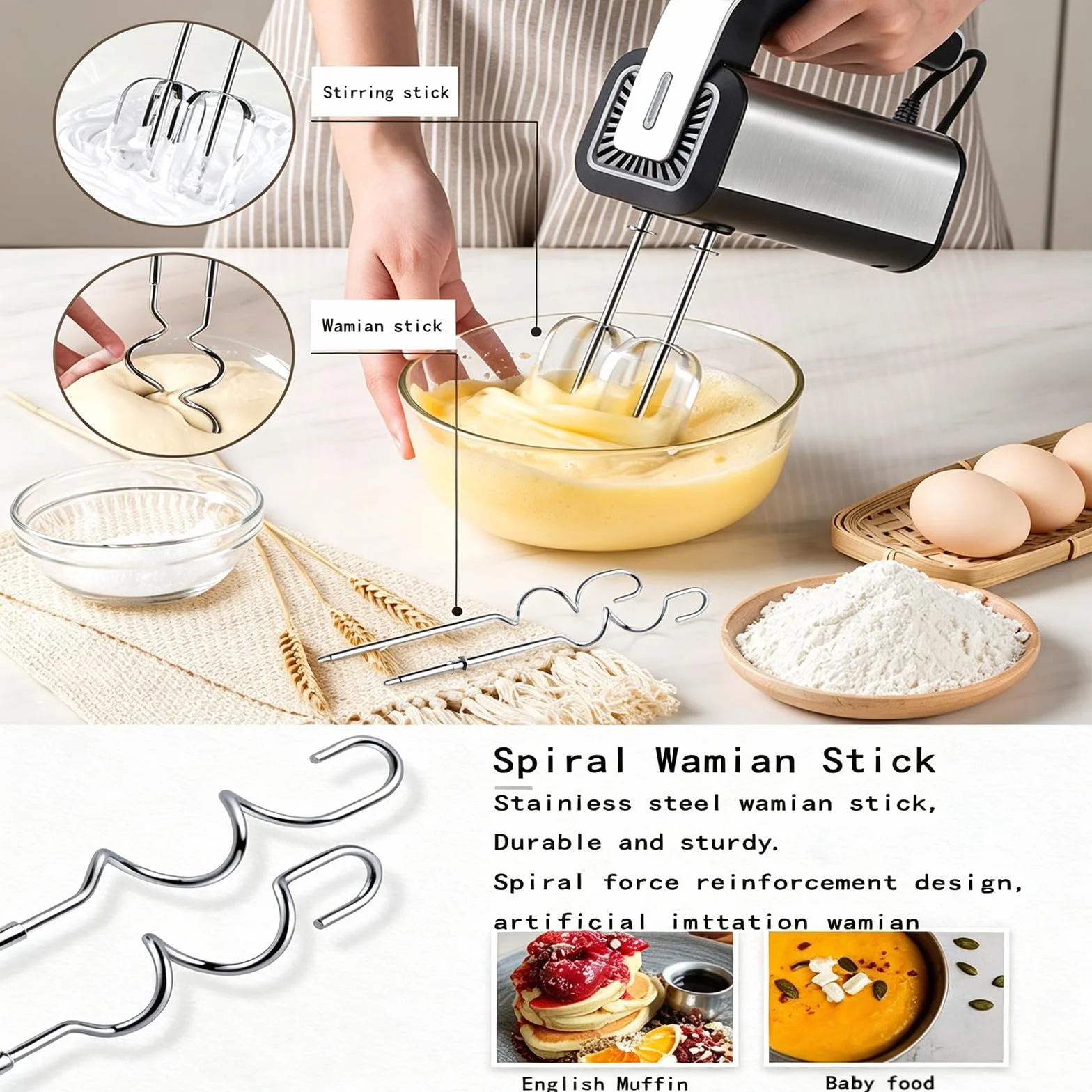 Ręczny mikser ze stali nierdzewnej 800 W, wielofunkcyjny blender do pieczenia z odłączanymi trzepaczkami, lekki trzepaczka kuchenna do ubijania śmietany i wyrabiania ciasta, do domowego pieczenia dese