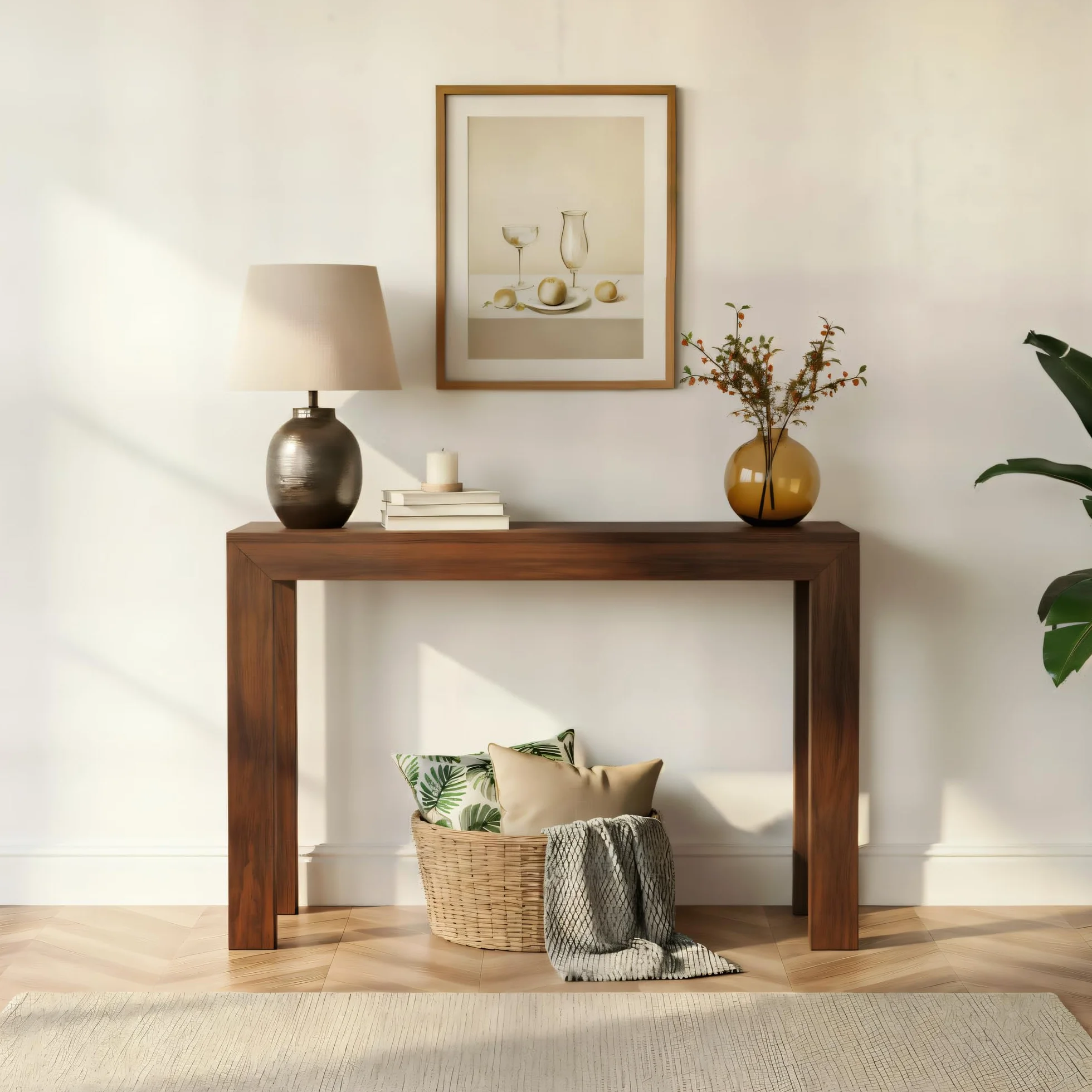 Plank+Beam Nowoczesny stolik konsolowy z litego drewna, 117 cm, wąski, do przedpokoju, za kanapą, do salonu, foyer, łatwy montaż, orzech włoski