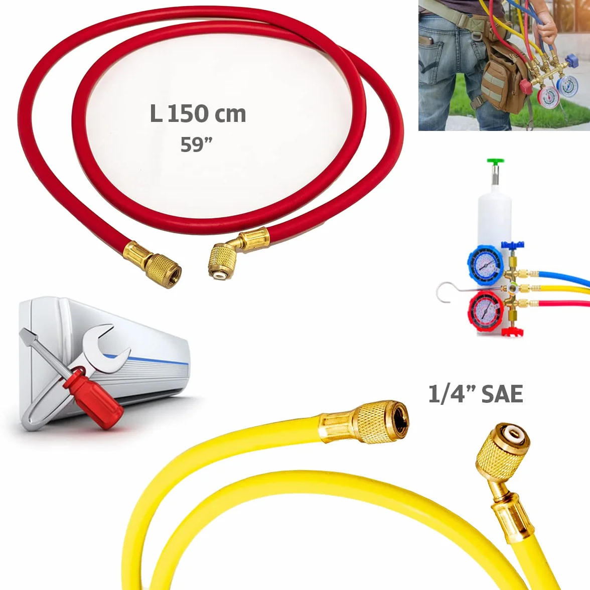 GOLDMAN SERVICE | Zestaw 3 węży do ładowania czynnika chłodniczego AC + adapter. Kompatybilny z systemami Universal Car lub Split Air Conditioning. Długość 150cm, 60 cale