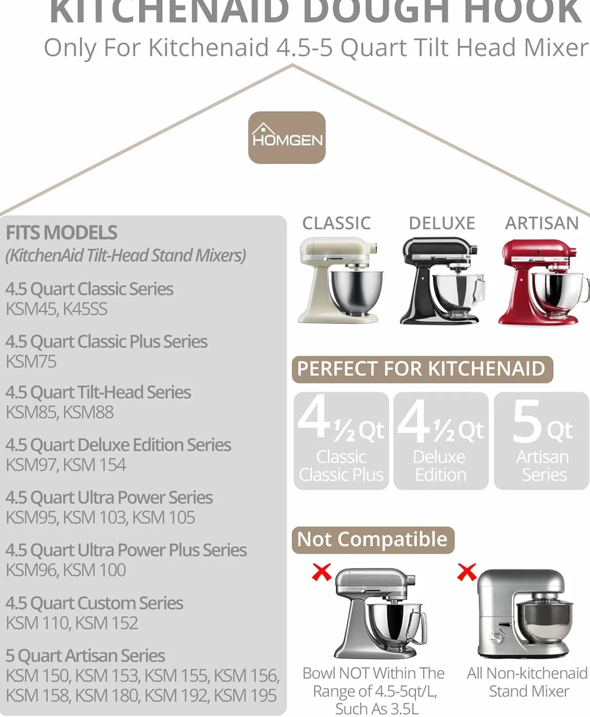 HOMGEN 304 stal nierdzewna Końcówka do zagniatania ciasta do miksera Kitchenaid Pasuje do 4.5-5Qt Akcesoria do miksera Kitchenaid Końcówka do ciasta w kształcie spirali Akcesoria do miksera stojącego