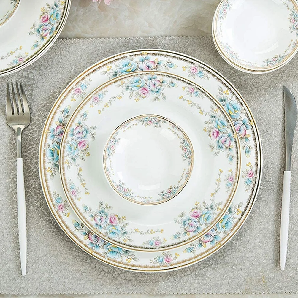 48-częściowy ceramiczny zestaw zastawy stołowej z kwiatowym wzorem, zawiera miski, naczynia, garnek do zupy i łyżki do restauracji i domowej jadalni