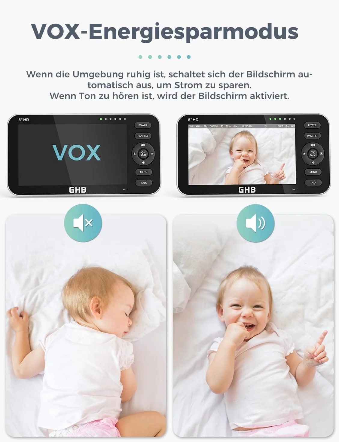 GHB niania elektroniczna z kamerą 5-calowym wyświetlaczem 720P HD IPS z akumulatorem 4000mAh Pan/Tilt 350°/110° tryb VOX mowa dwukierunkowa noktowizja wyświetlacz temperatury