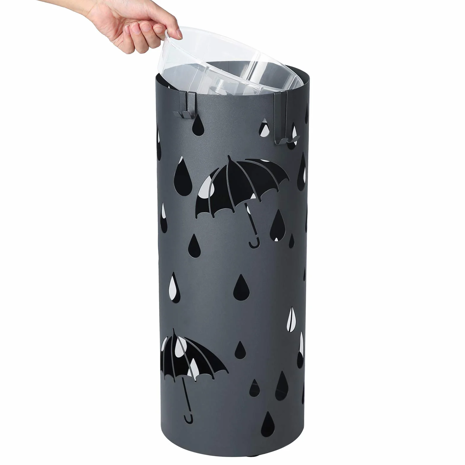 SONGMICS Metalowy stojak na parasol, uchwyt na parasole z tacą na wodę i haczykami, 19,5 x 49 cm (średnica x wys.), okrągły, matowy antracyt szary LUC23AG