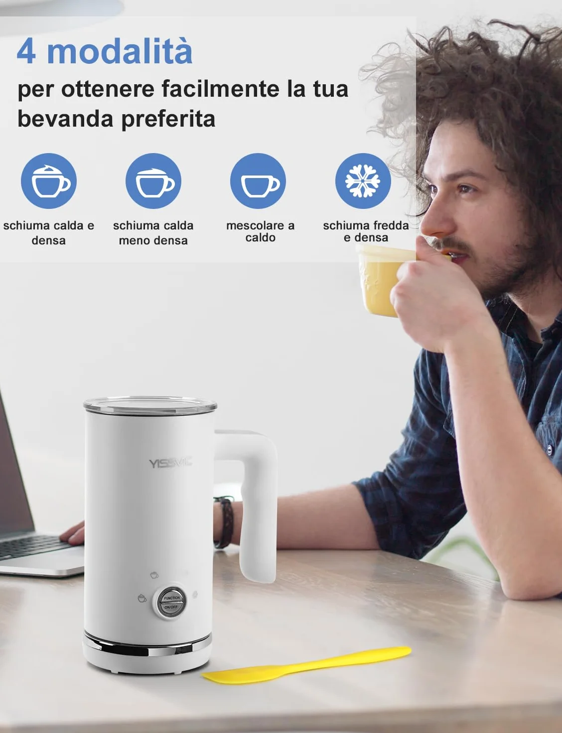Yissvic 4-w-1 Elektryczny spieniacz do mleka 600W 300ml Stal nierdzewna spieniacz do mleka z nieprzywierającą powłoką do kawy, mleka, cappuccino, biały